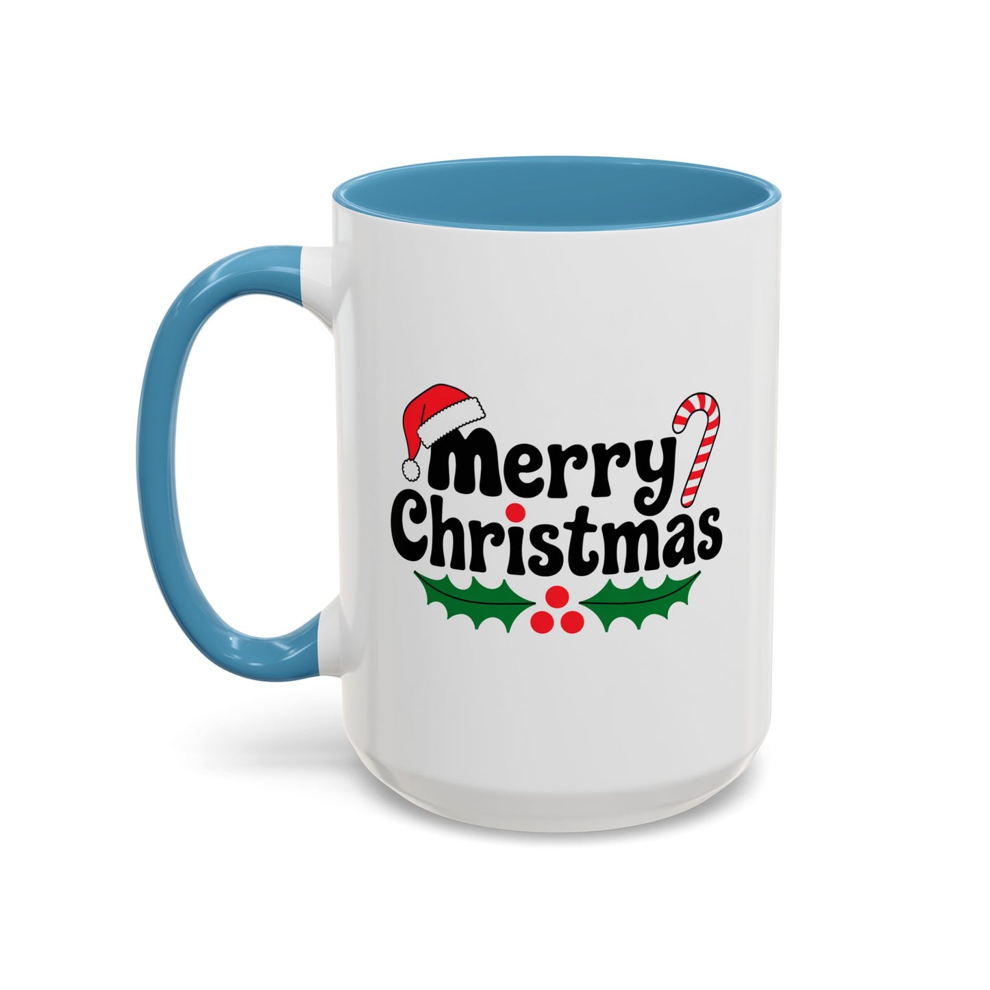 Christmas Mug - Merry Christmas Black Text Hat Candy Cane Mistletoe