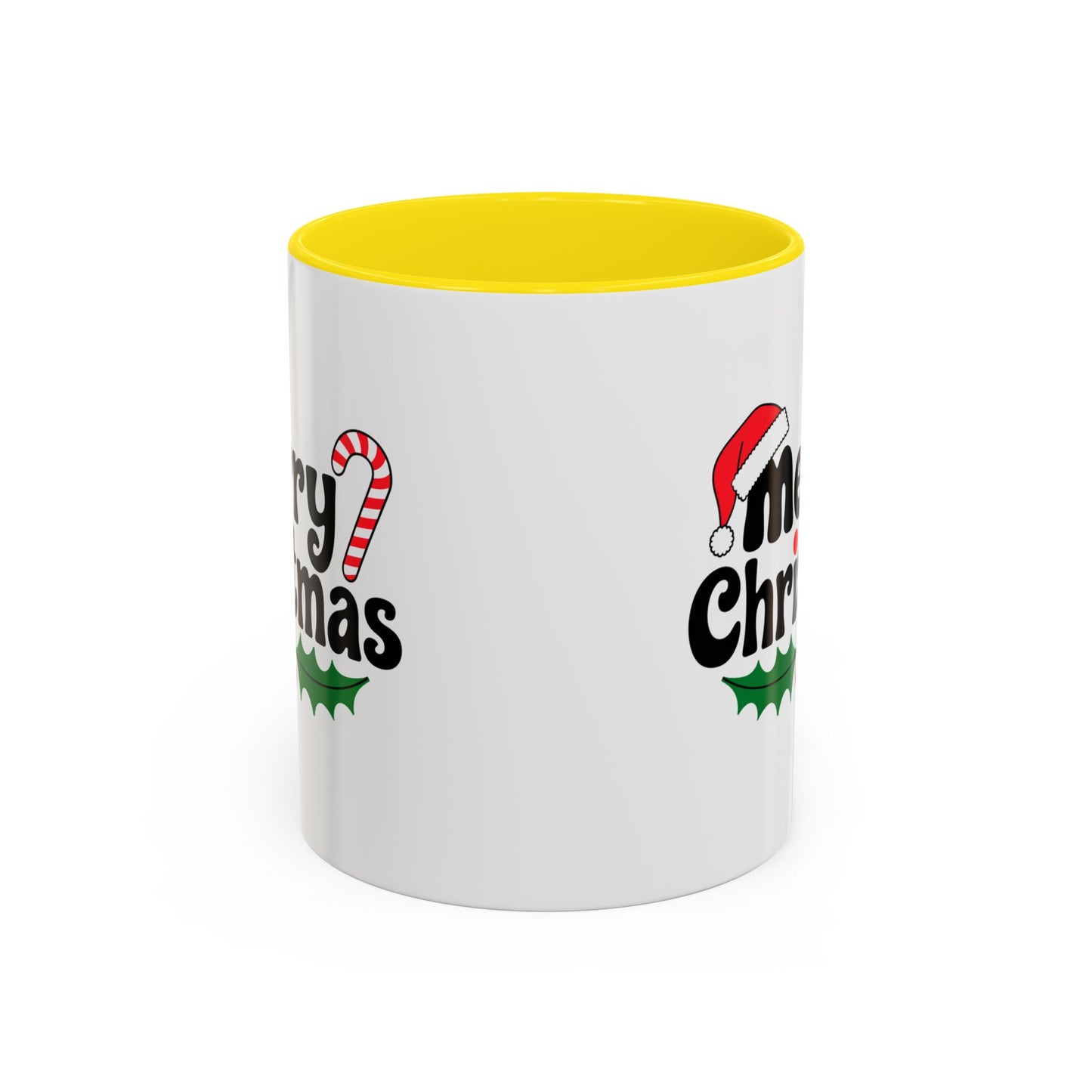 Christmas Mug - Merry Christmas Black Text Hat Candy Cane Mistletoe