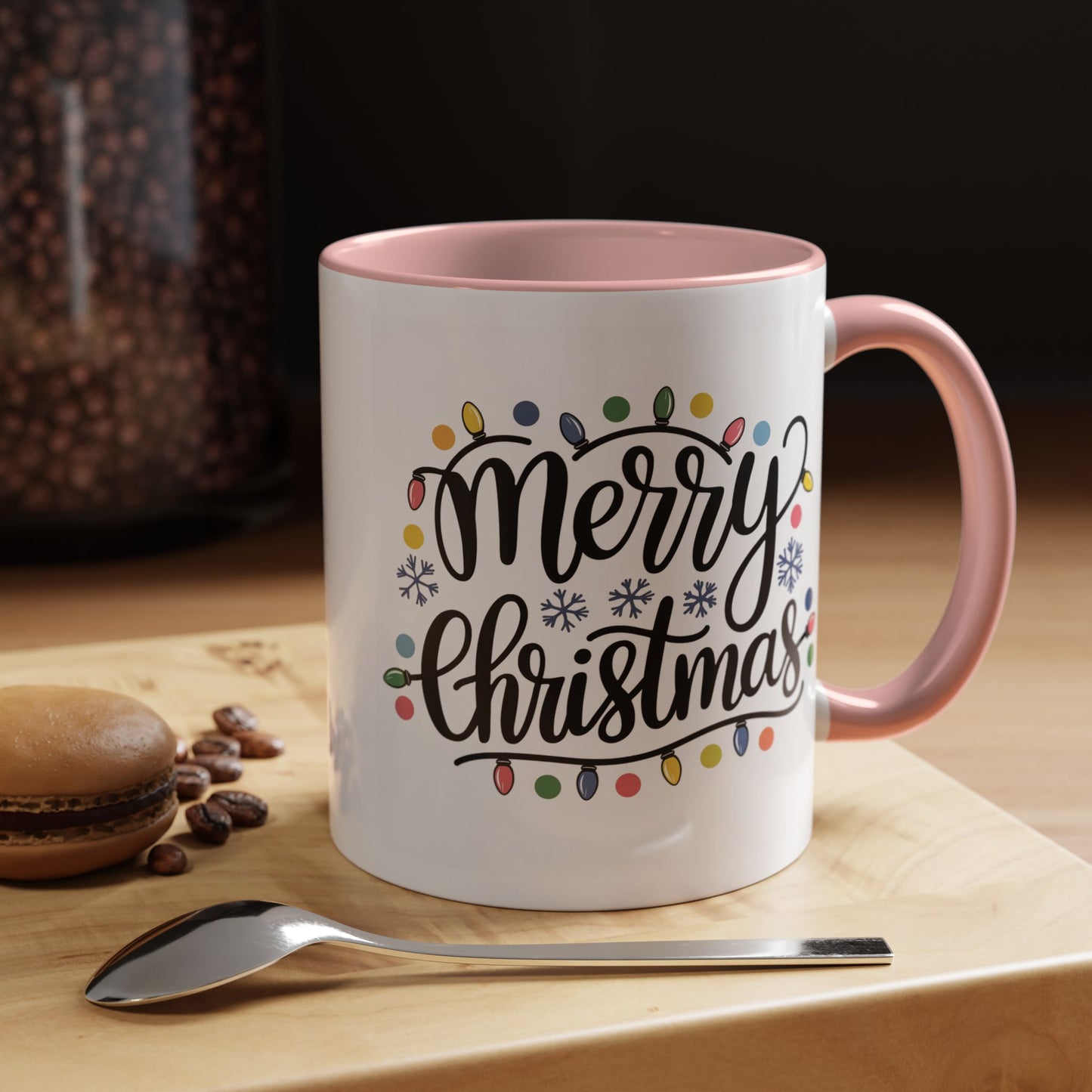 Christmas Mug - Merry Christmas Black Text Colored Lights