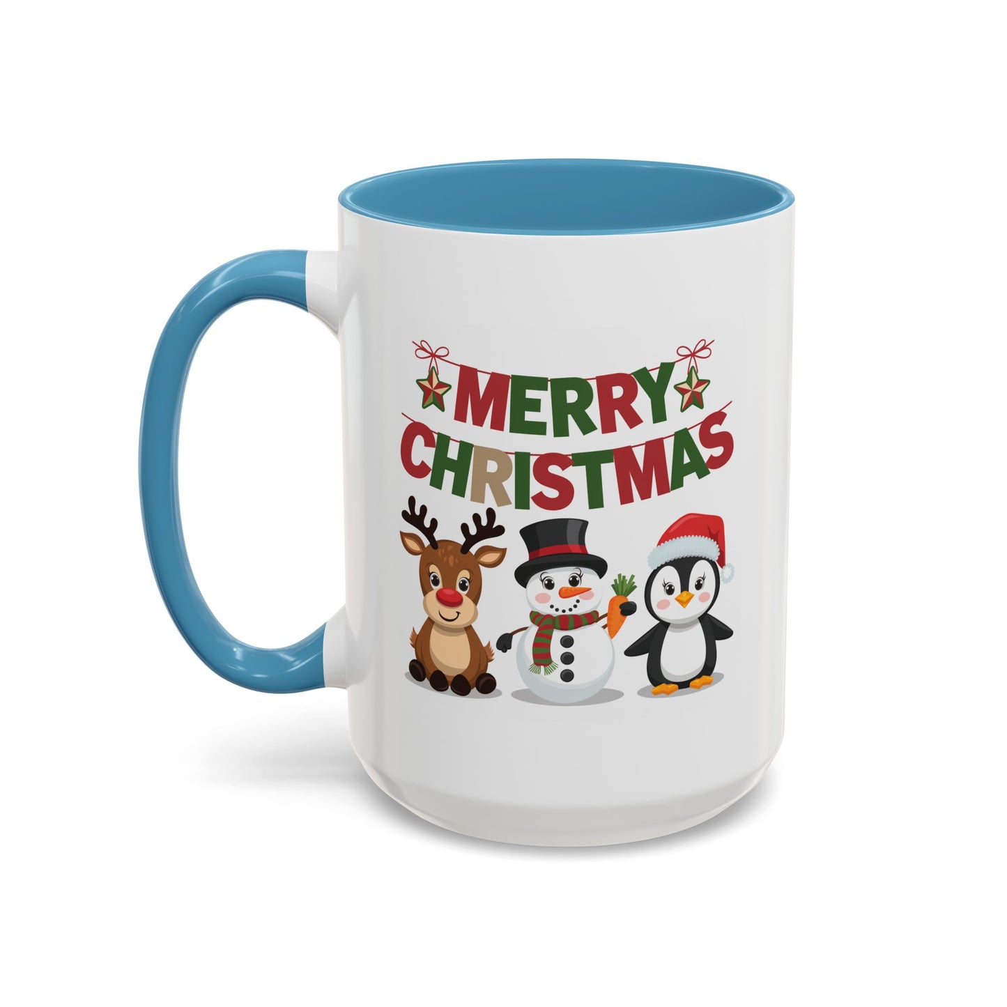 Christmas Mug - Red Green & Gold Text Reindeer Snowman Penguin