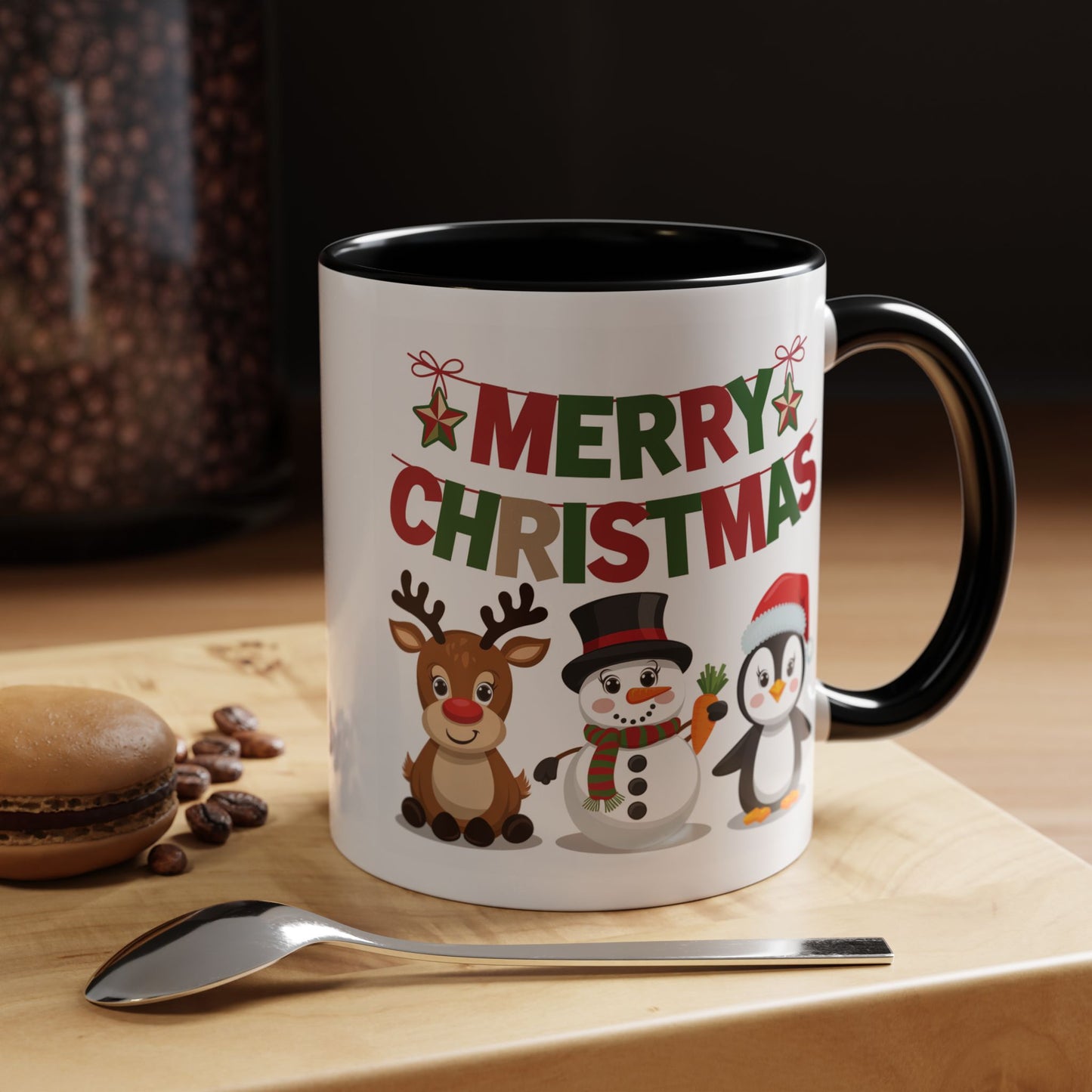 Christmas Mug - Red Green & Gold Text Reindeer Snowman Penguin