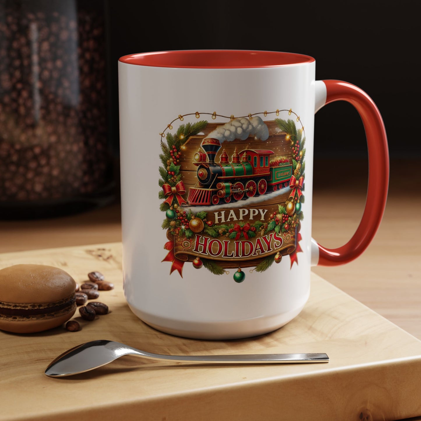 Christmas Mug - Happy Holidays White & Red Text Steam Locomotive