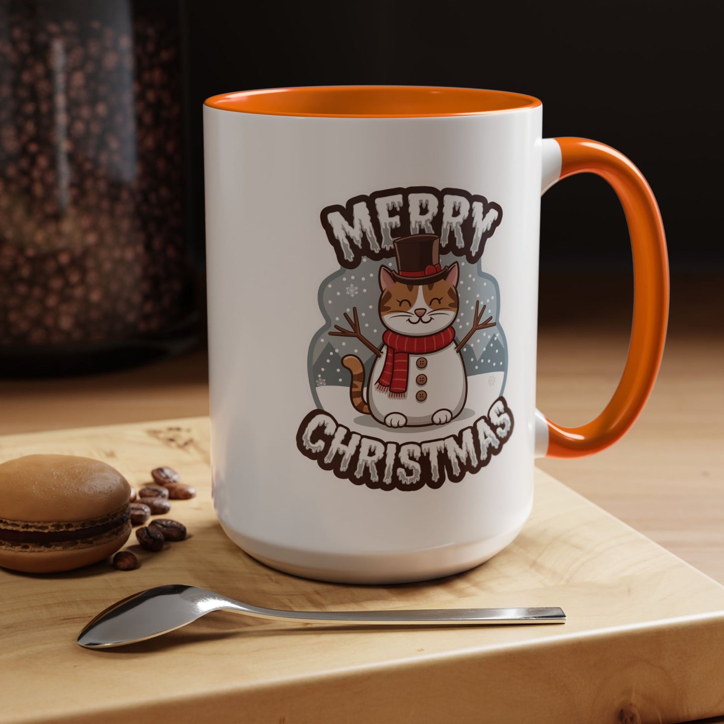 Christmas Mug - Merry Christmas Black & White Text Snowman Cat