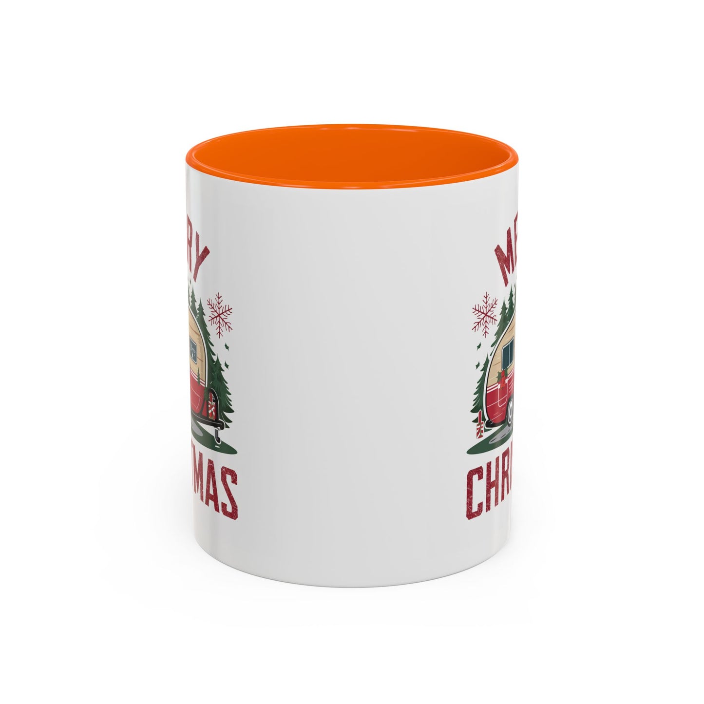 Christmas Mug - Merry Christmas Maroon Text Camper Trees Snowflakes