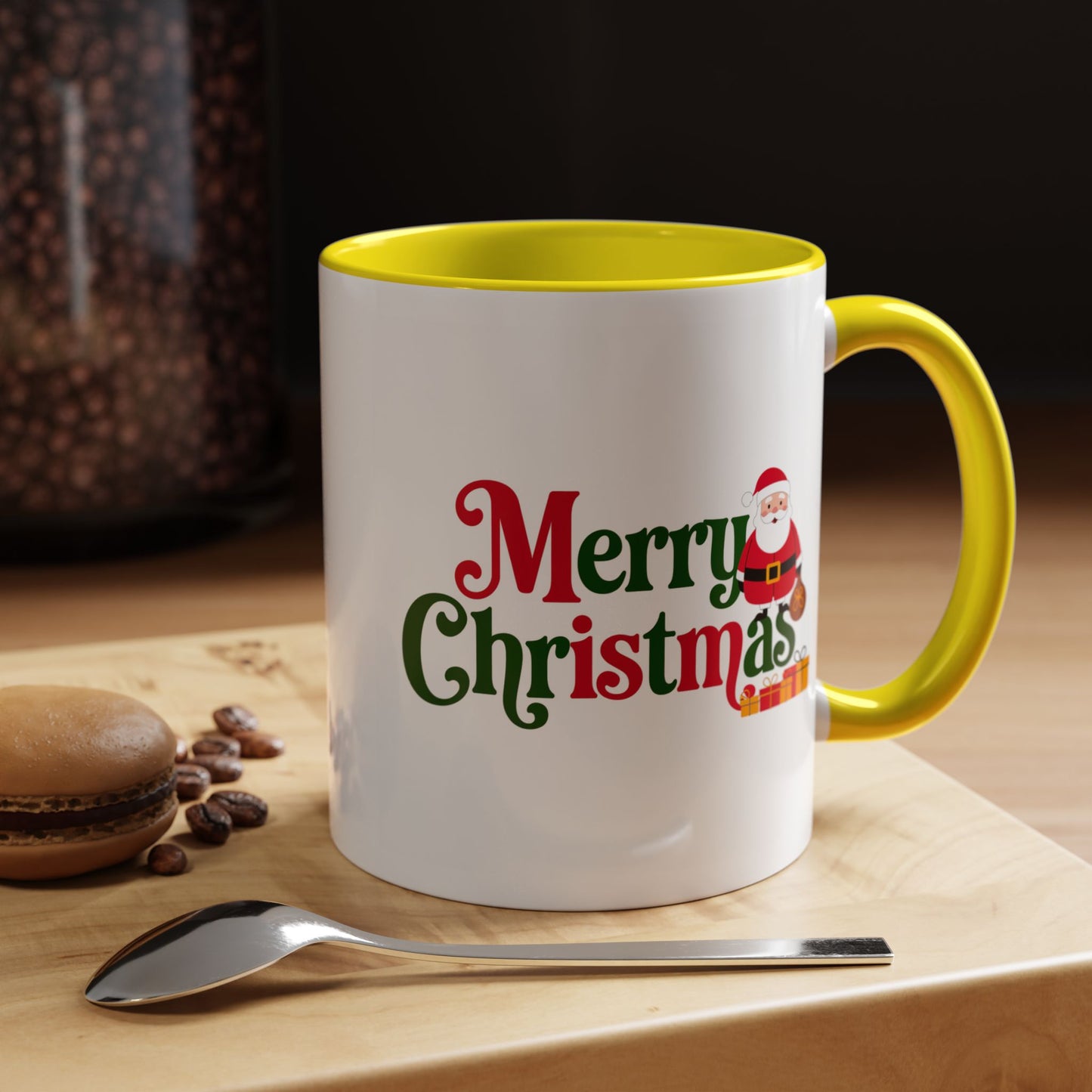 Christmas Mug - Merry Christmas Green & Red Text Santa Presents