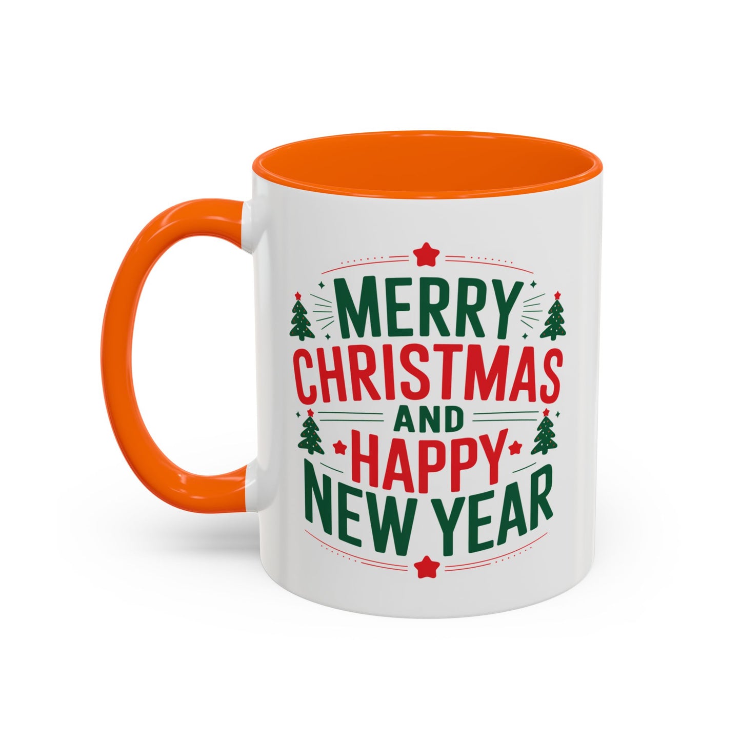 Christmas Mug - Merry Christmas and a Happy New Year Green & Red Text Trees Stars