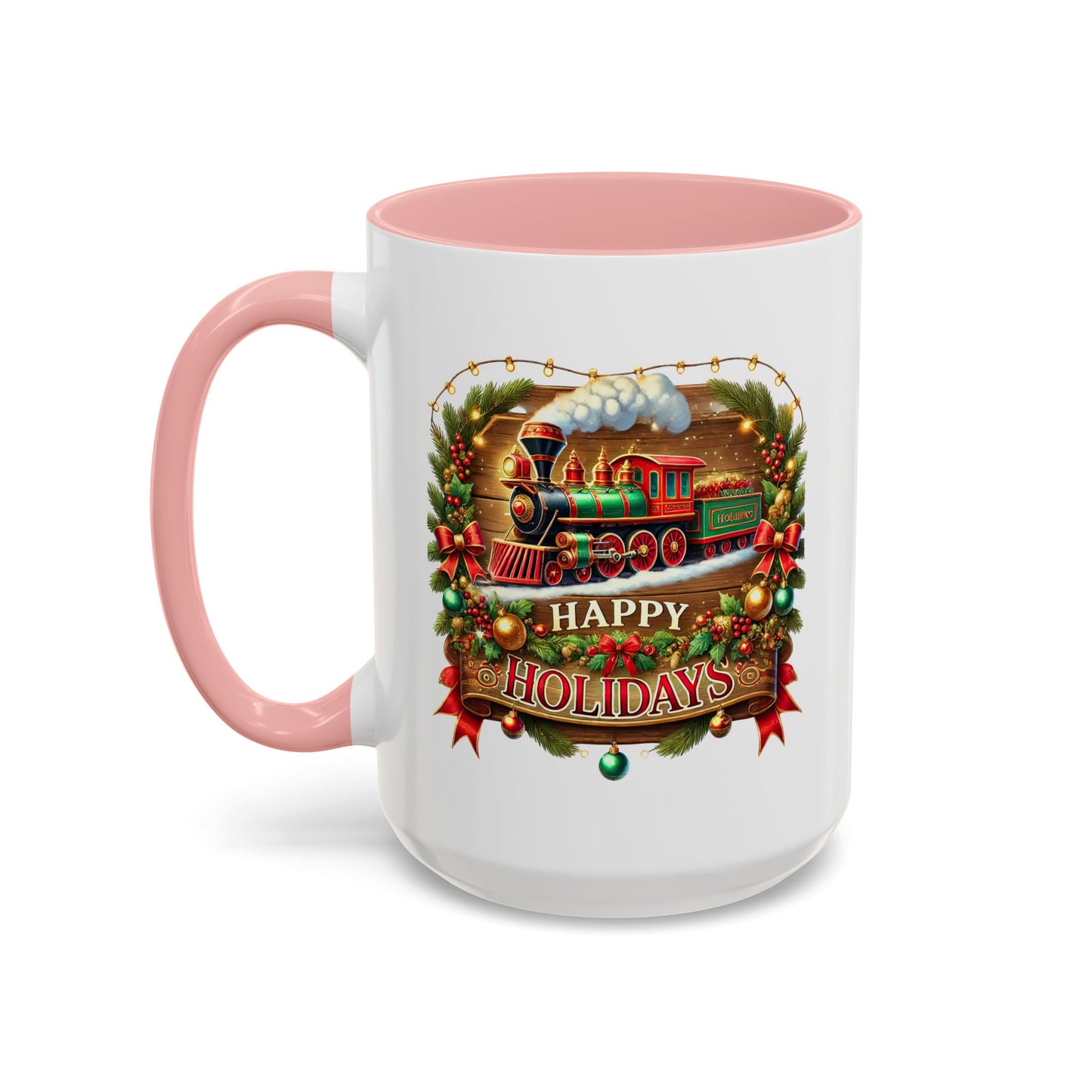 Christmas Mug - Happy Holidays White & Red Text Steam Locomotive