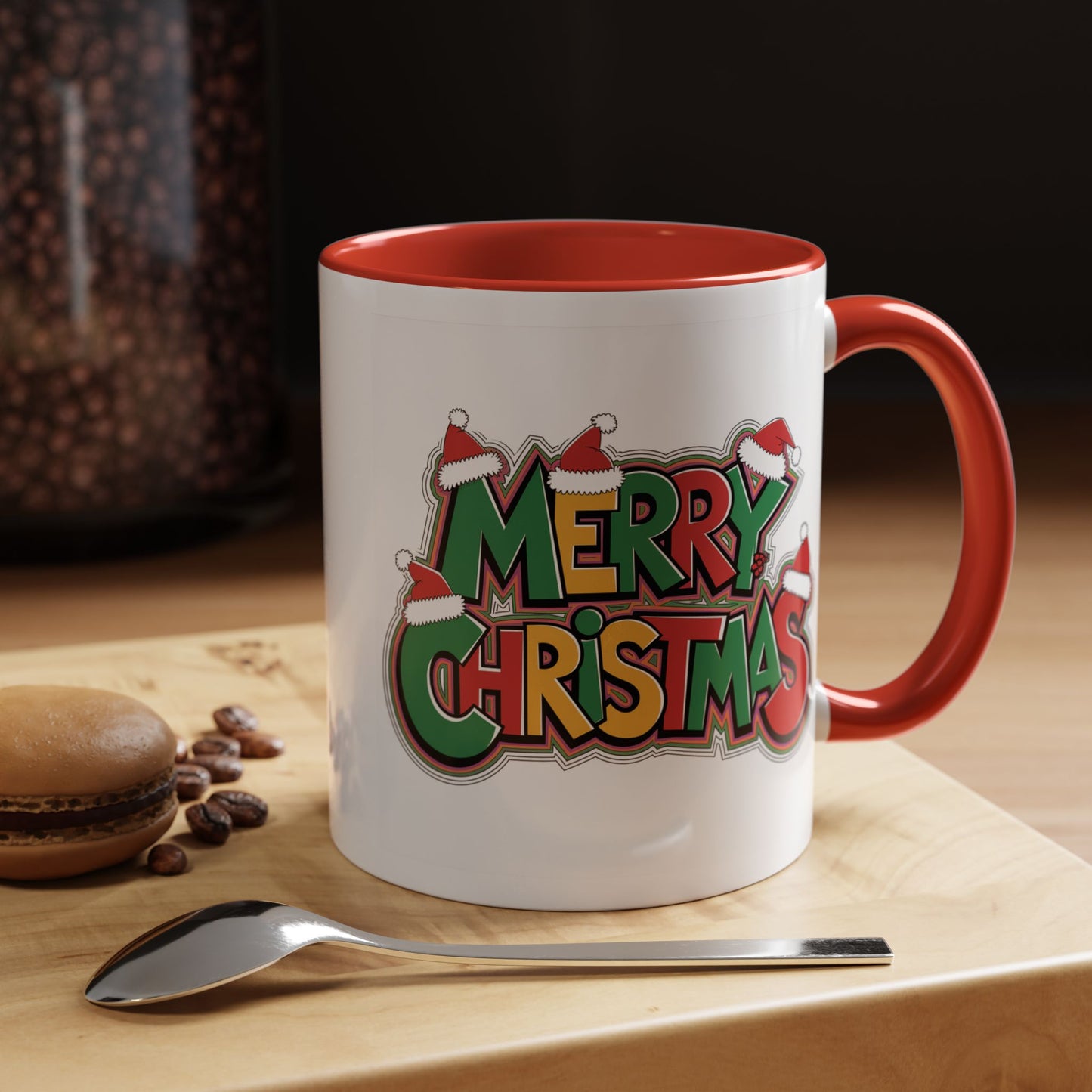 Christmas Mug - Merry Christmas Green Yellow & Red Text Hats