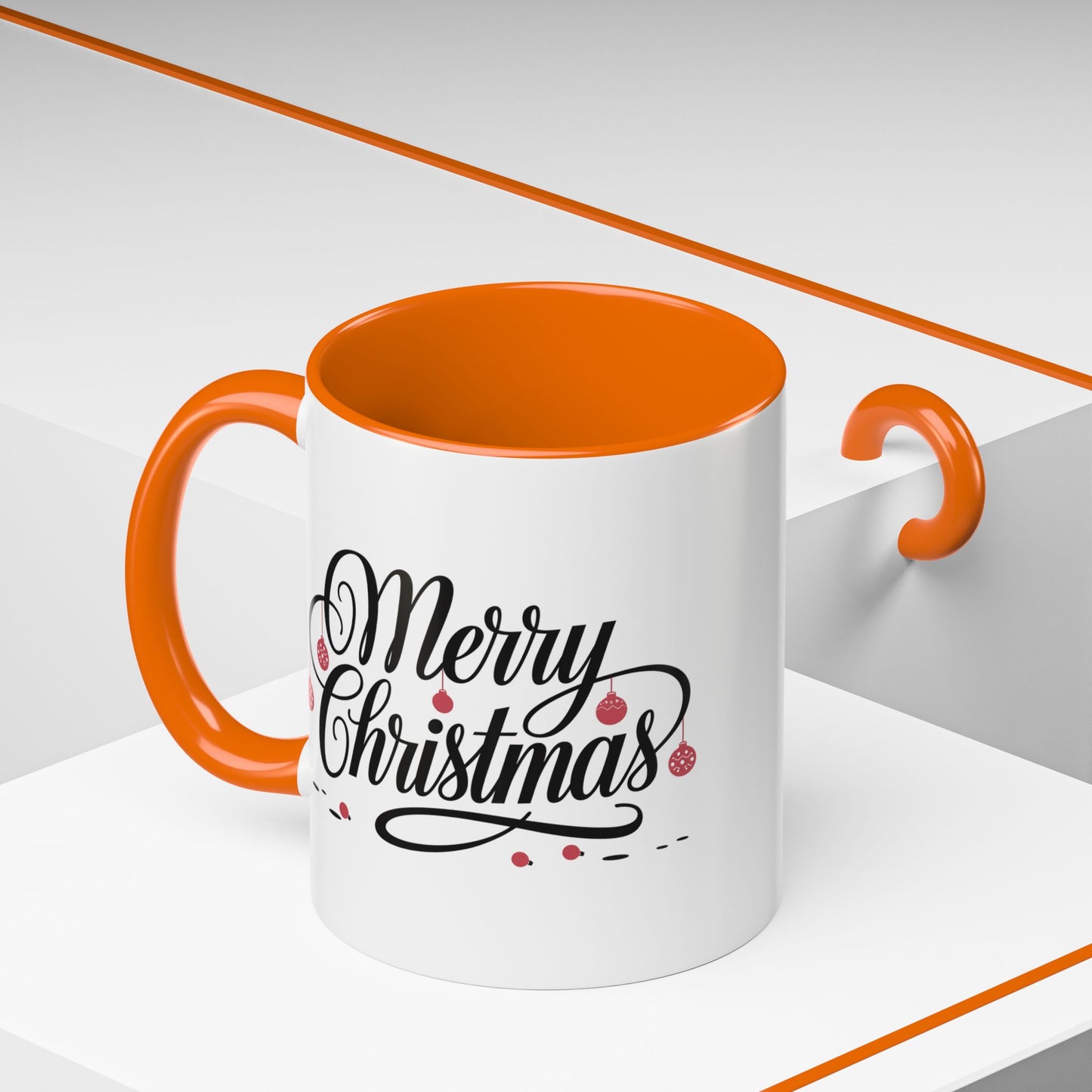 Christmas Mug - Merry Christmas Black Text Red Ornaments