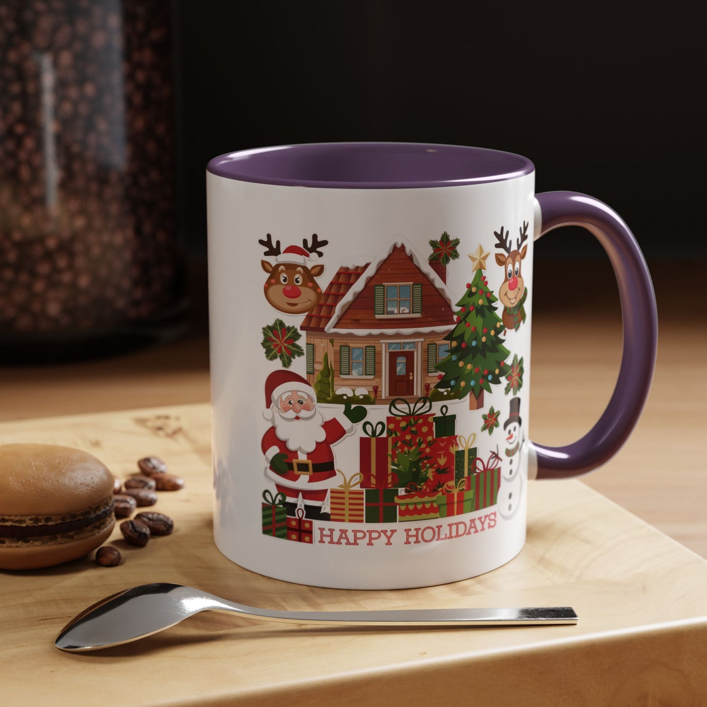Christmas Mug - Happy Holidays Red Text Reindeer Santa Snowman Presents