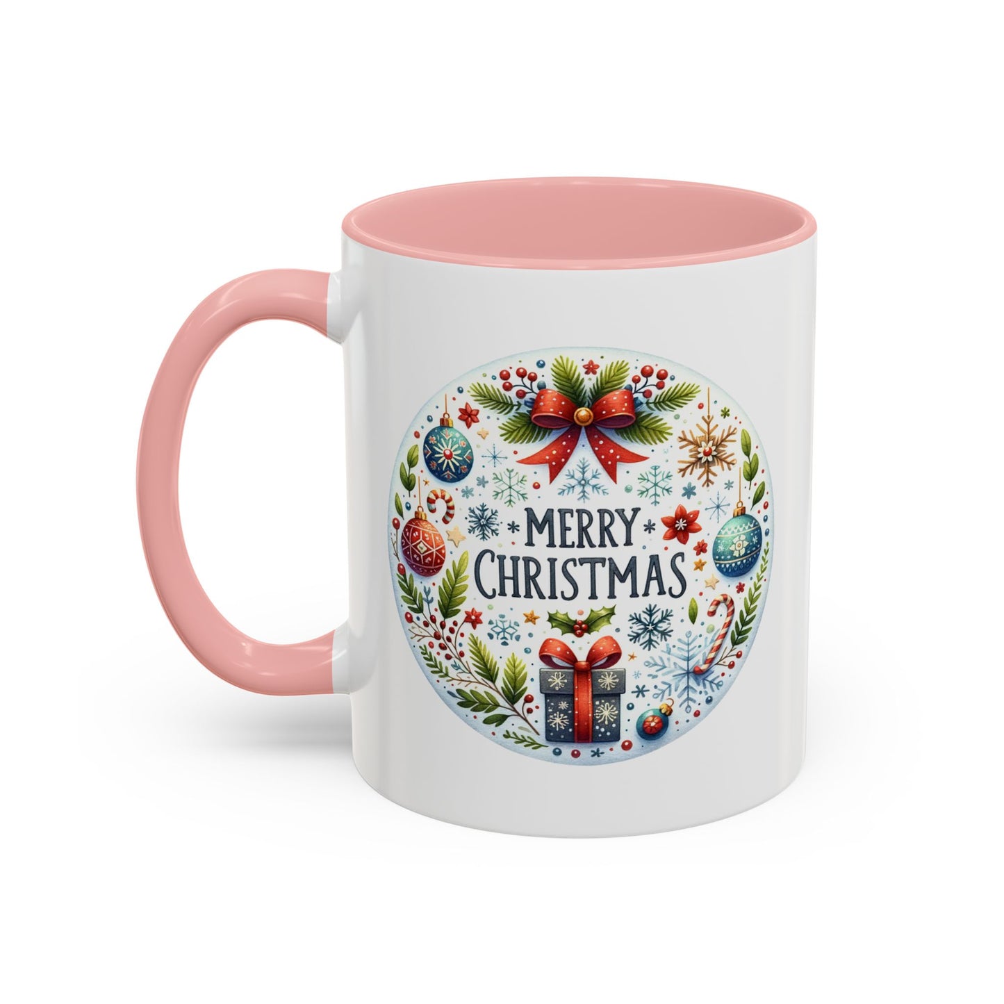 Christmas Mug - Merry Christmas Blue Text Bow Present Ornaments