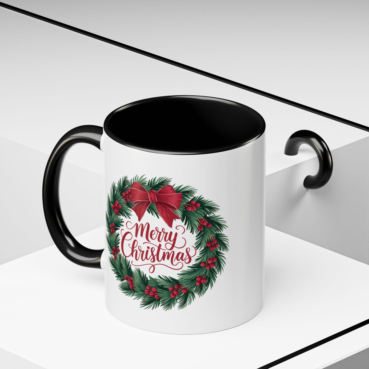 Christmas Mug - Merry Christmas Red Text Bow Wreath