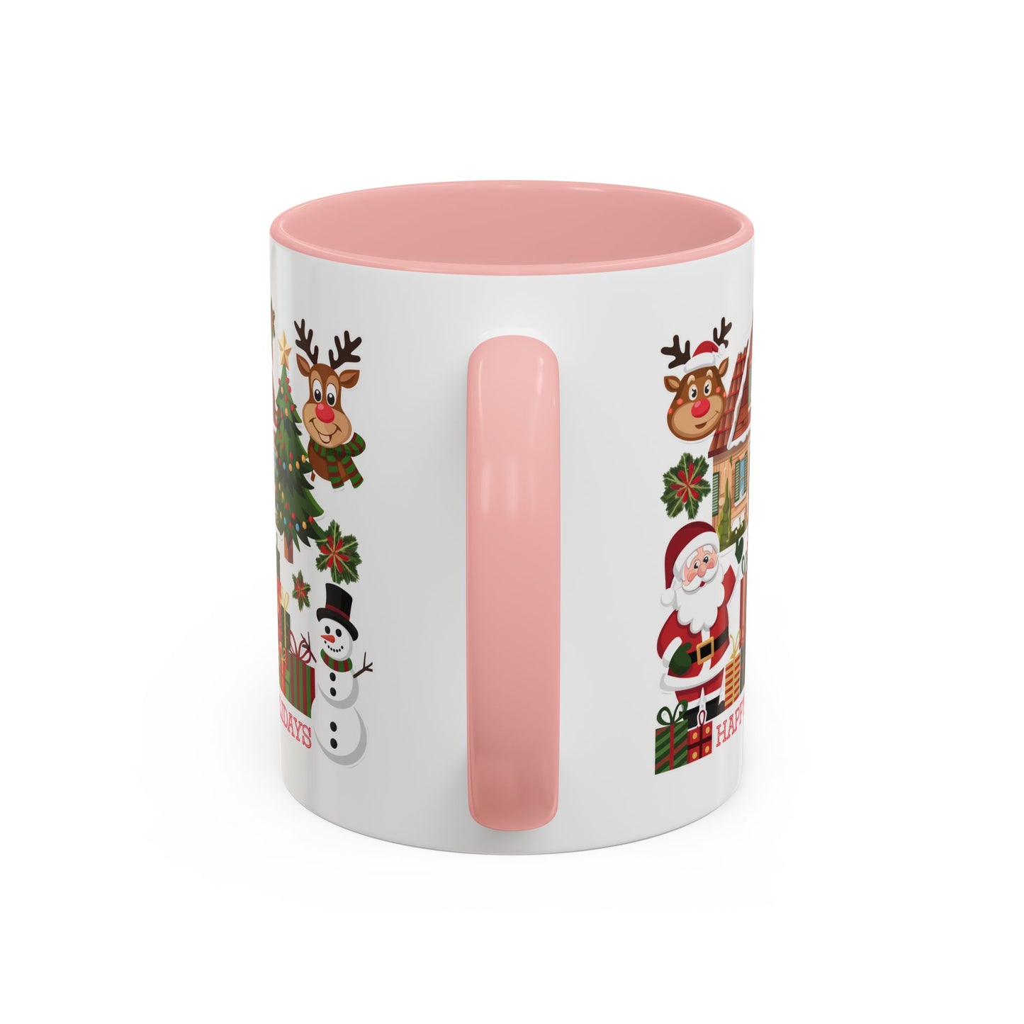 Christmas Mug - Happy Holidays Red Text Reindeer Santa Snowman Presents