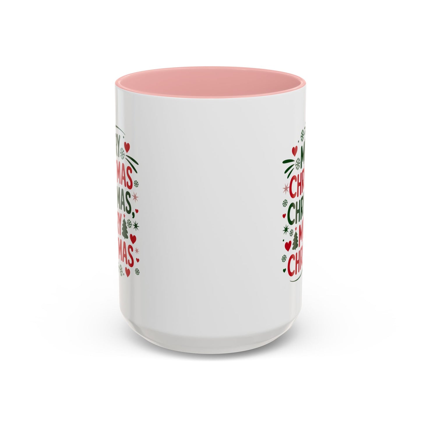 Christmas Mug - Merry Christmas Green & Red Text Trees Hearts Snowflakes Stars