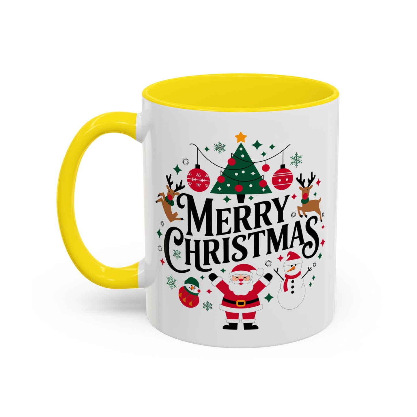 Christmas Mug - Merry Christmas Black Text Santa Reindeer Snowmen Ornaments