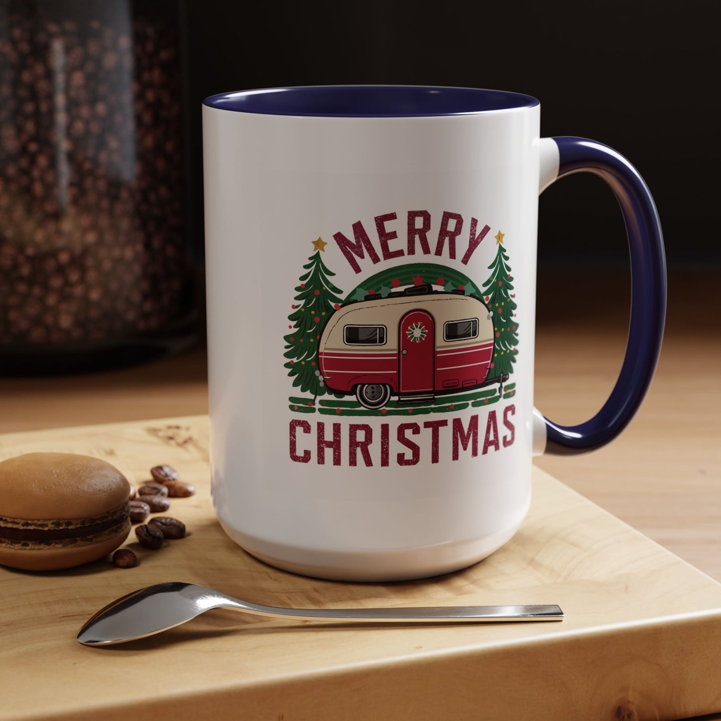 Christmas Mug - Merry Christmas Maroon Text Camper Trees
