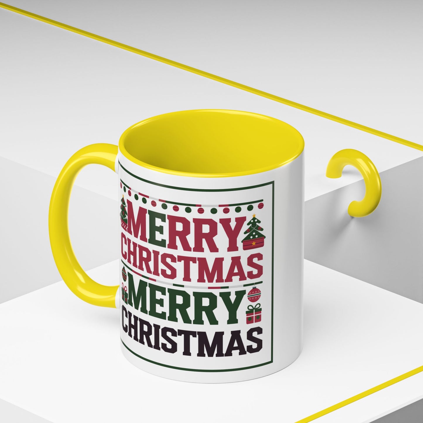 Christmas Mug - Merry Christmas Red Green & Black Text Trees Presents