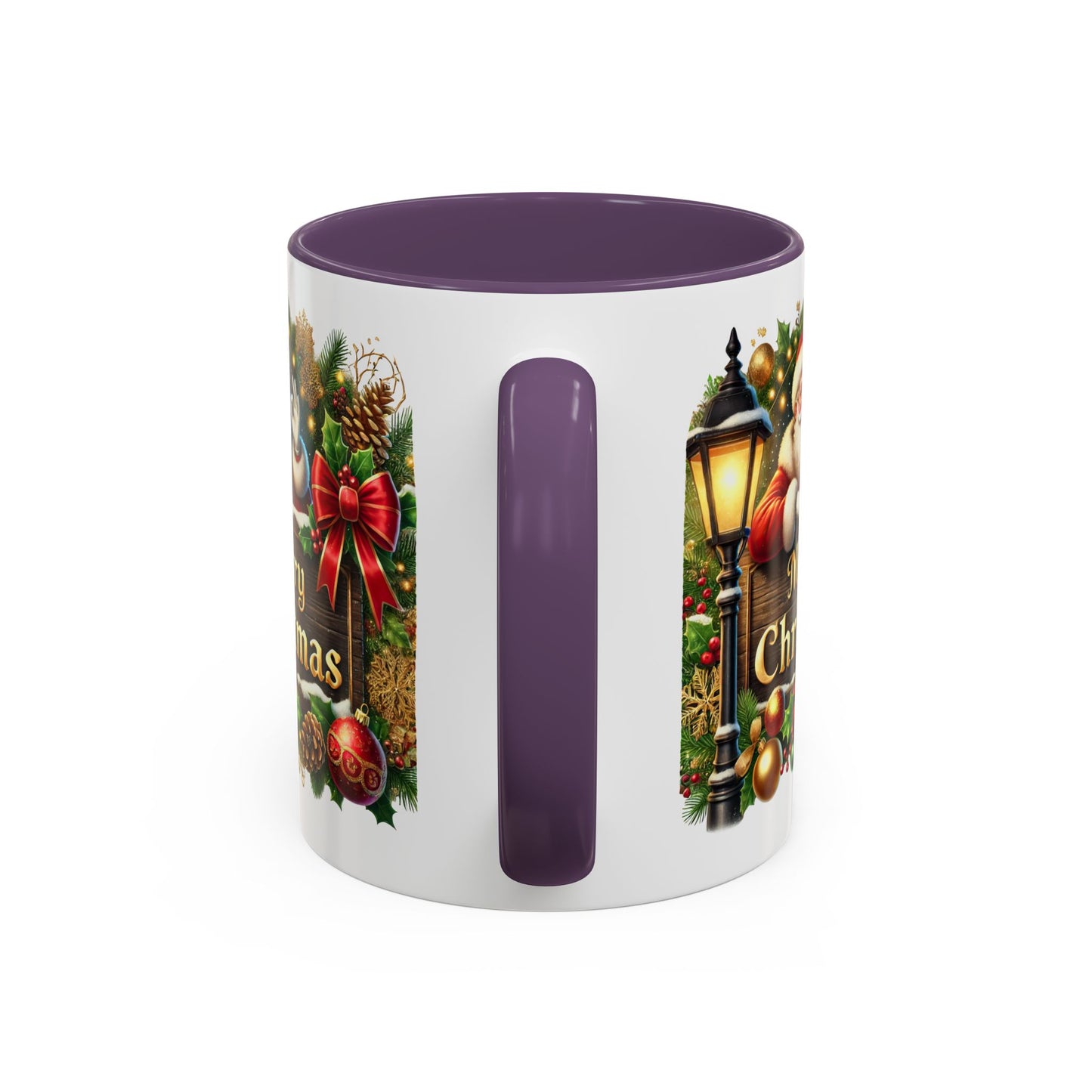 Christmas Mug - Merry Christmas Cream Text Santa Ok Light Bow Ornaments