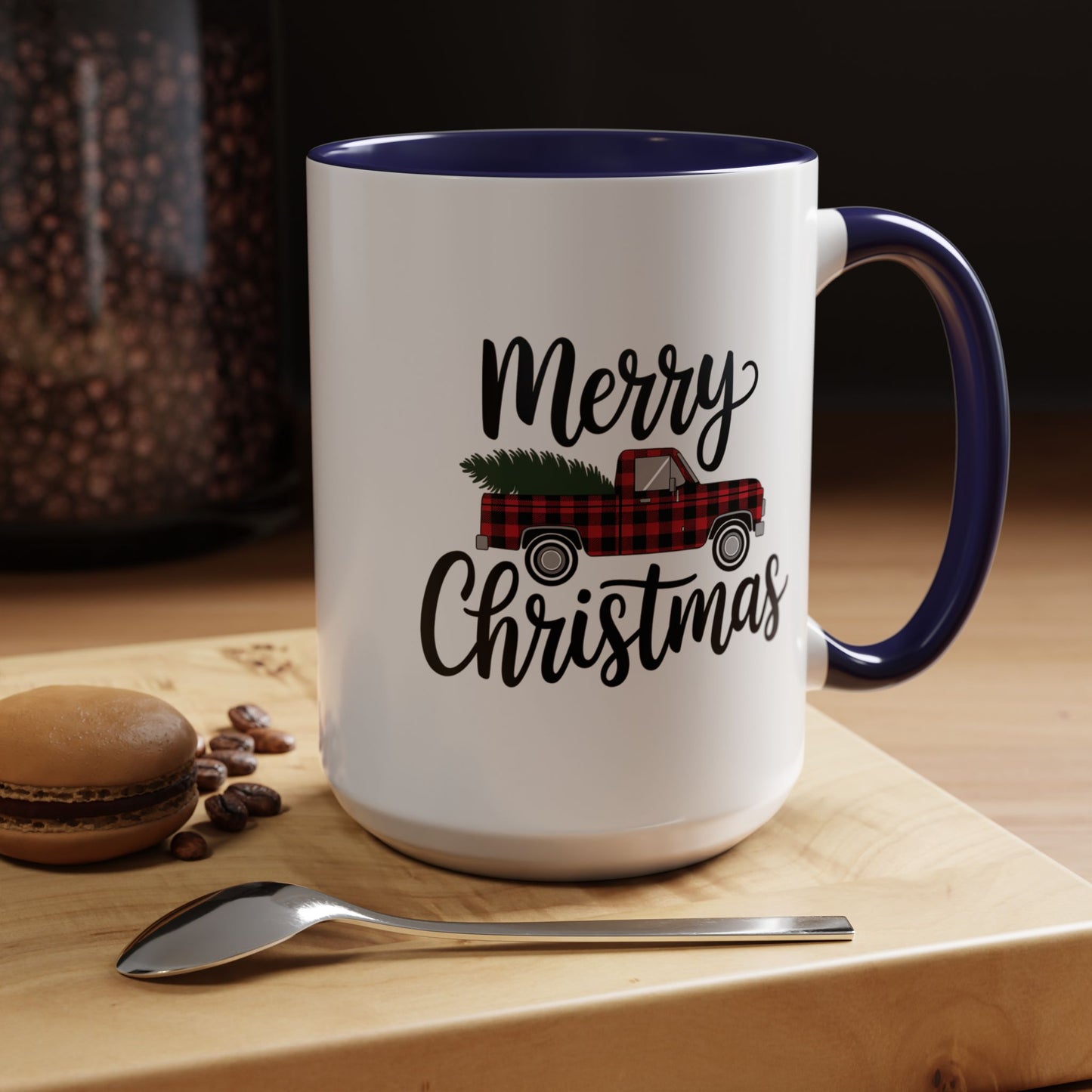 Christmas Mug - Merry Christmas Black Text Tartan Truck
