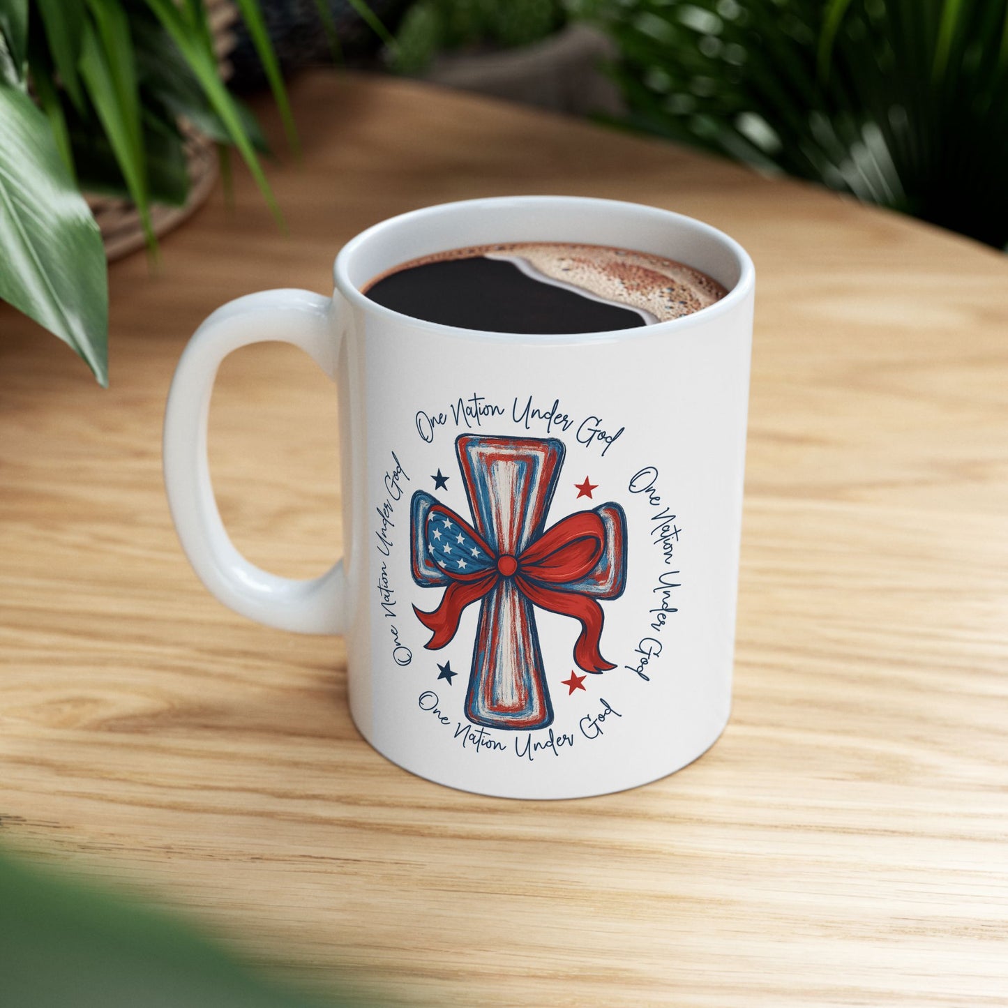 4th of July Mug - Patriotic Cross with Ribbon & Stars