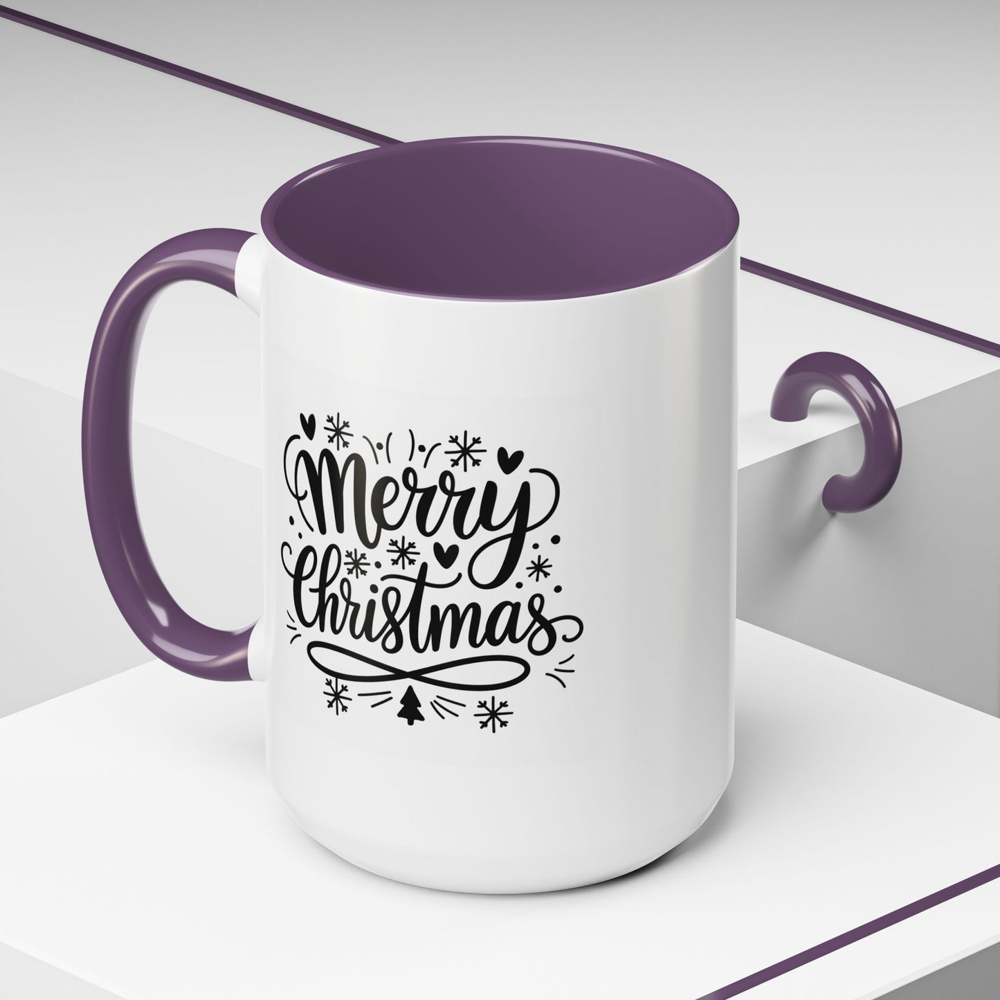 Christmas Mug - Merry Christmas Black Text Tree Snowflakes Hearts