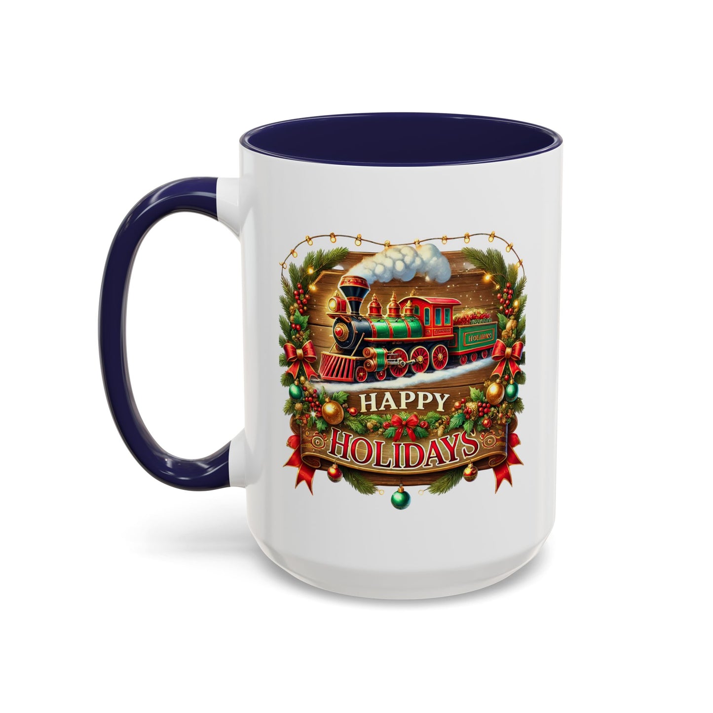 Christmas Mug - Happy Holidays White & Red Text Steam Locomotive