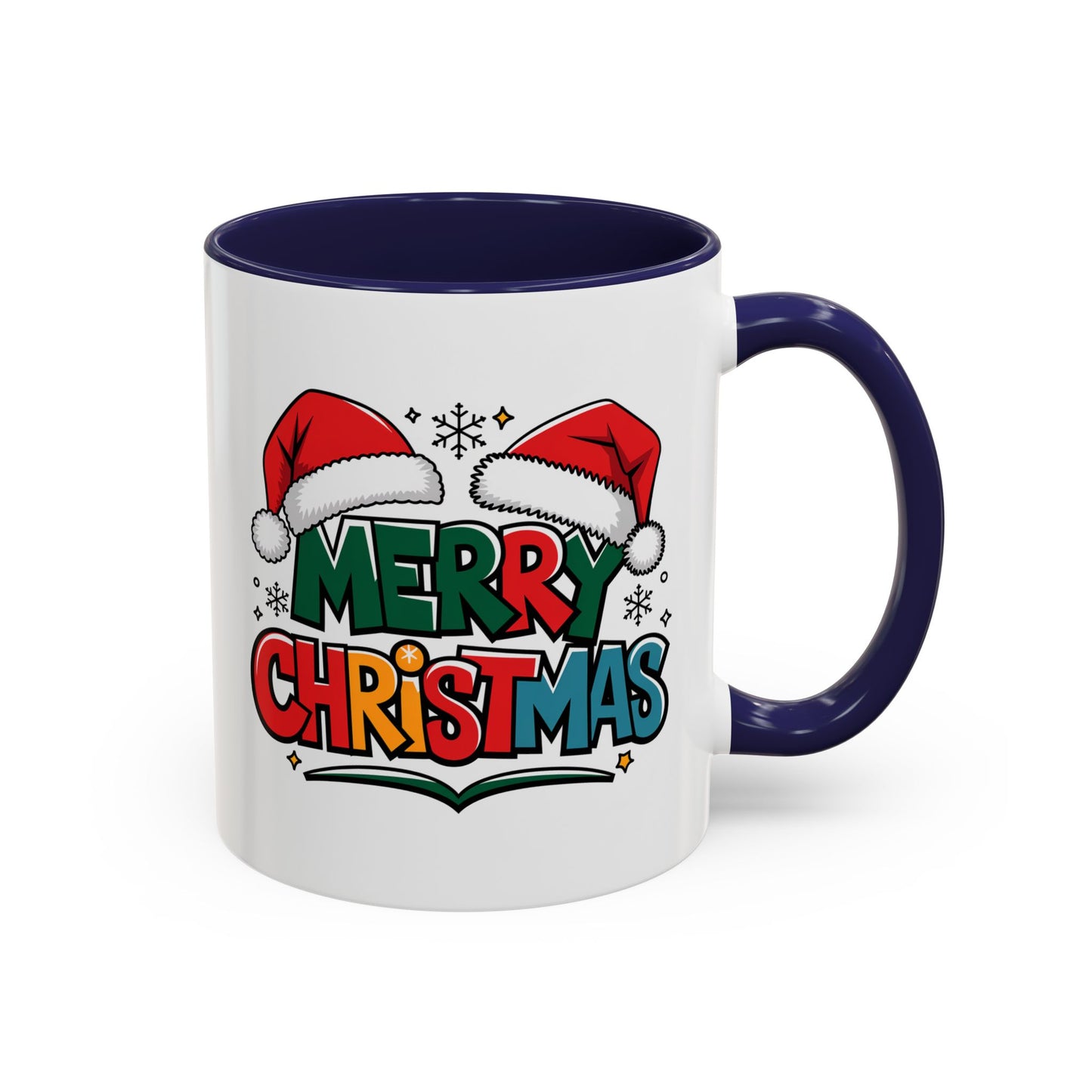 Christmas Mug - Merry Christmas Green Red Yellow and Blue Text Red Hats