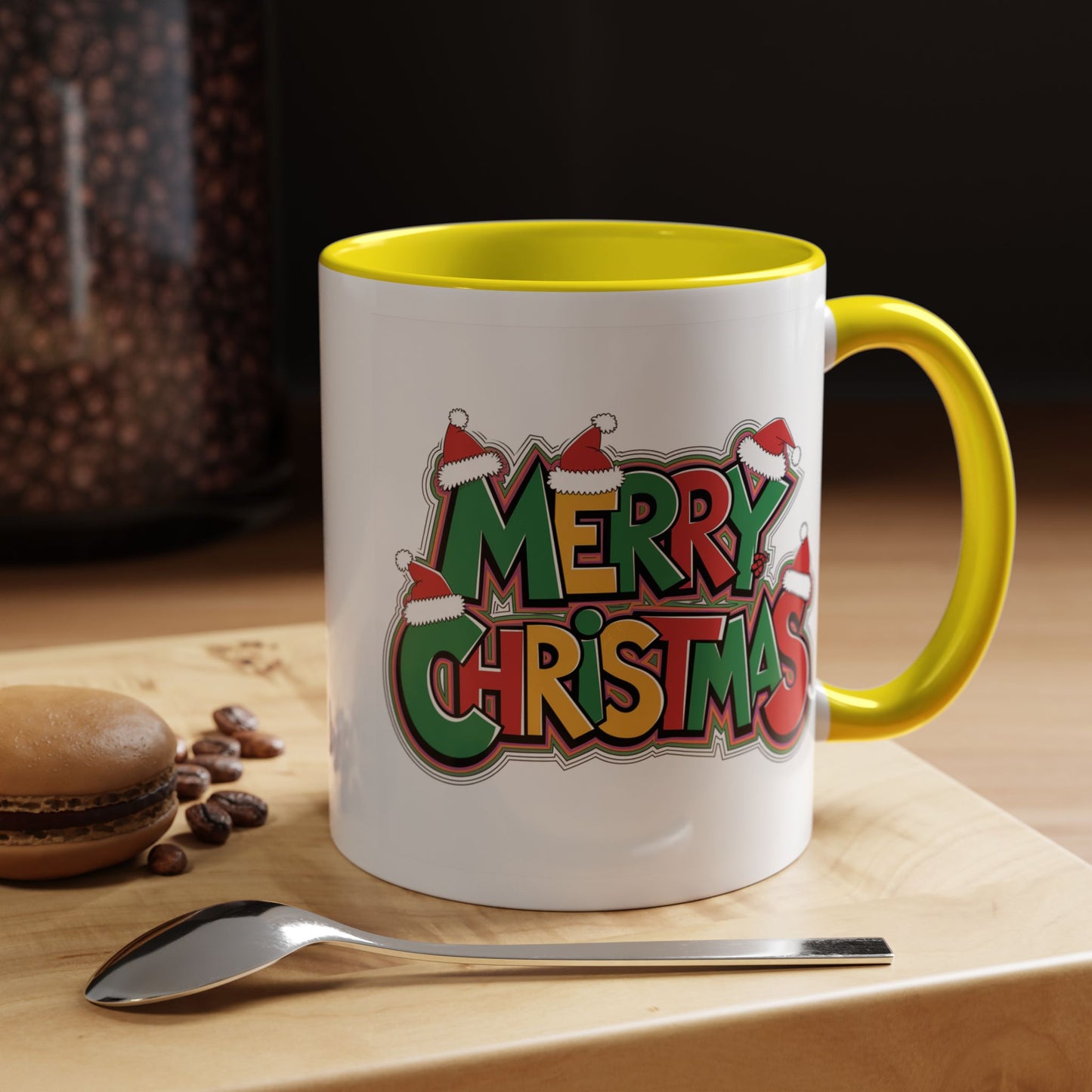 Christmas Mug - Merry Christmas Green Yellow & Red Text Hats