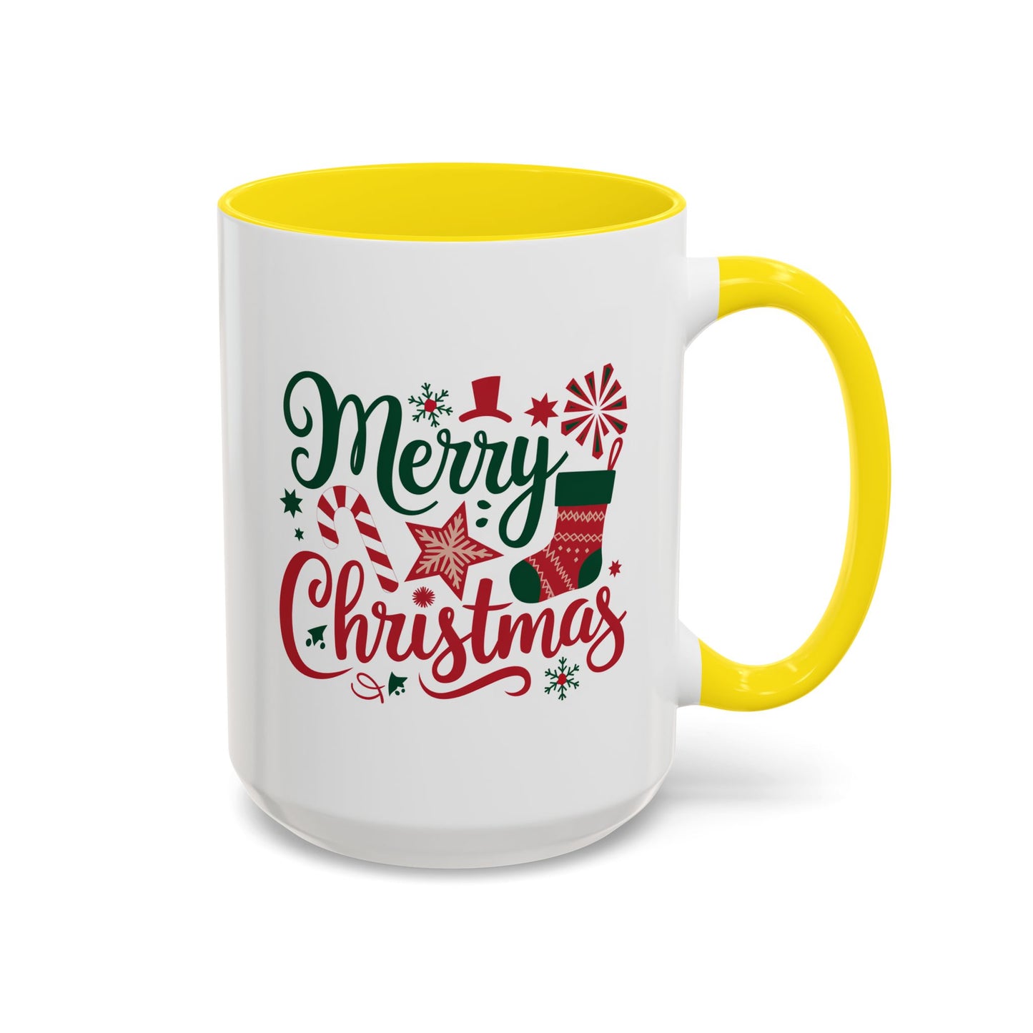 Christmas Mug - Merry Christmas Green & Red Text Star Candy Cane Stocking Snowflake