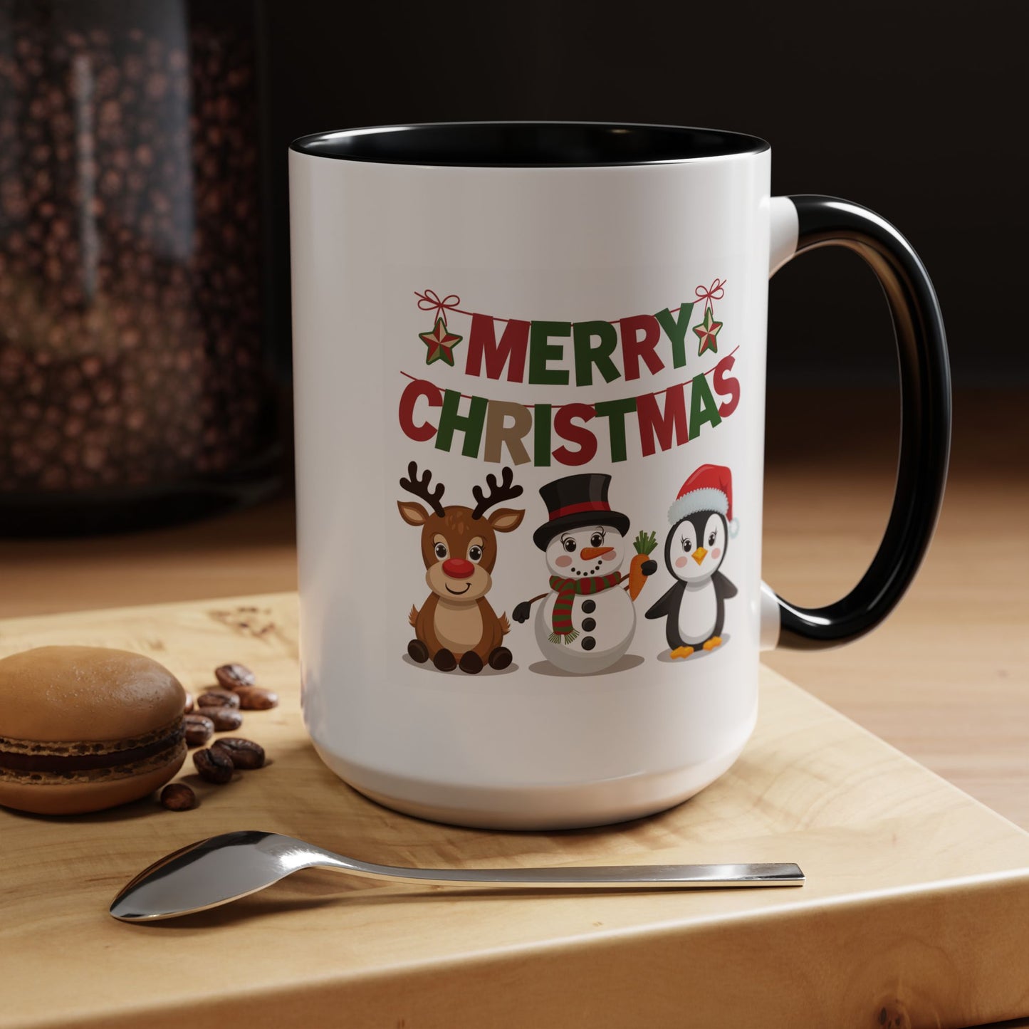 Christmas Mug - Red Green & Gold Text Reindeer Snowman Penguin