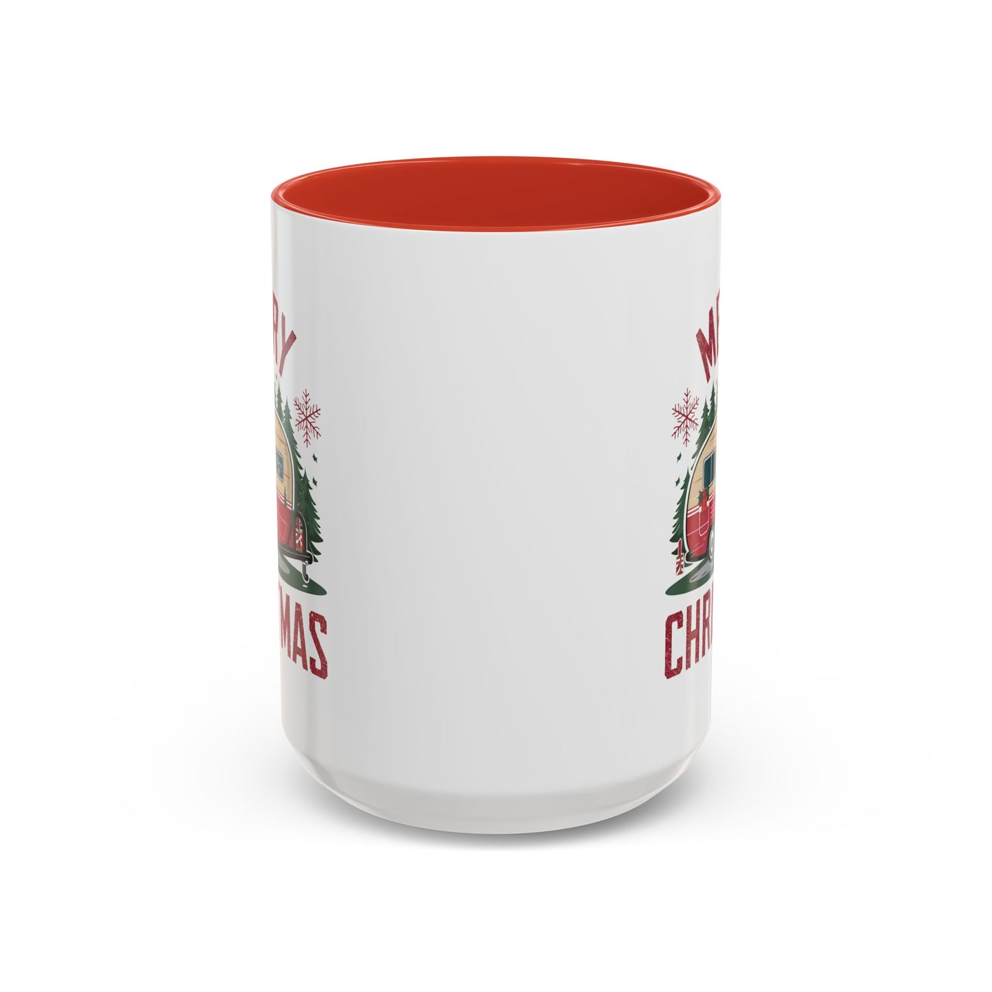Christmas Mug - Merry Christmas Maroon Text Camper Trees Snowflakes