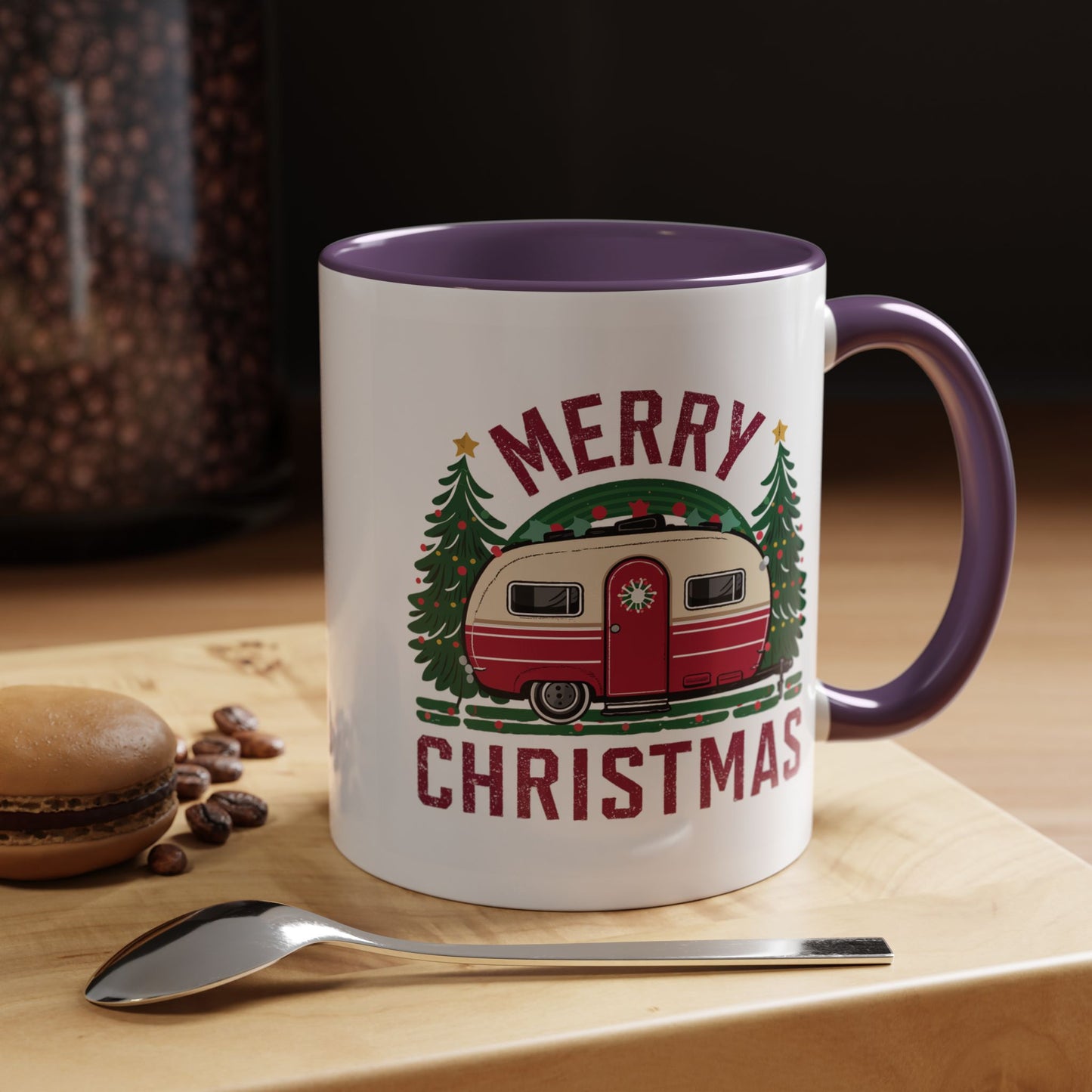 Christmas Mug - Merry Christmas Maroon Text Camper Trees