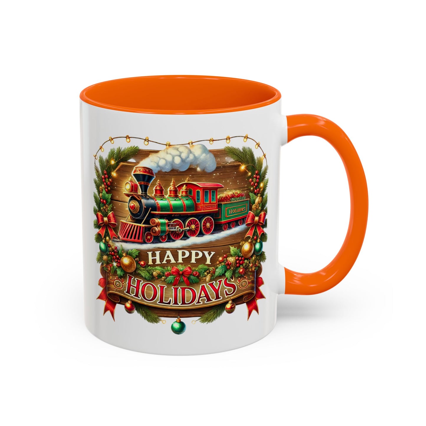 Christmas Mug - Happy Holidays White & Red Text Steam Locomotive