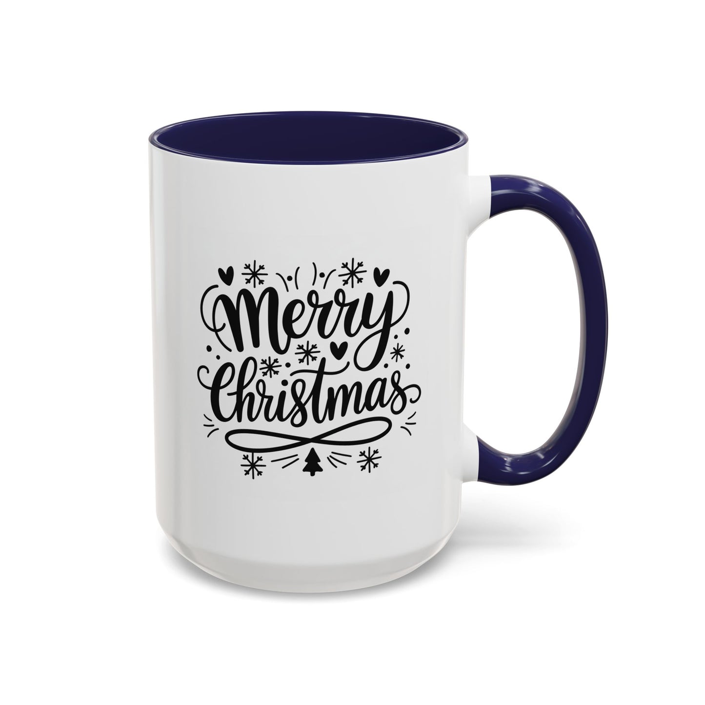 Christmas Mug - Merry Christmas Black Text Tree Snowflakes Hearts