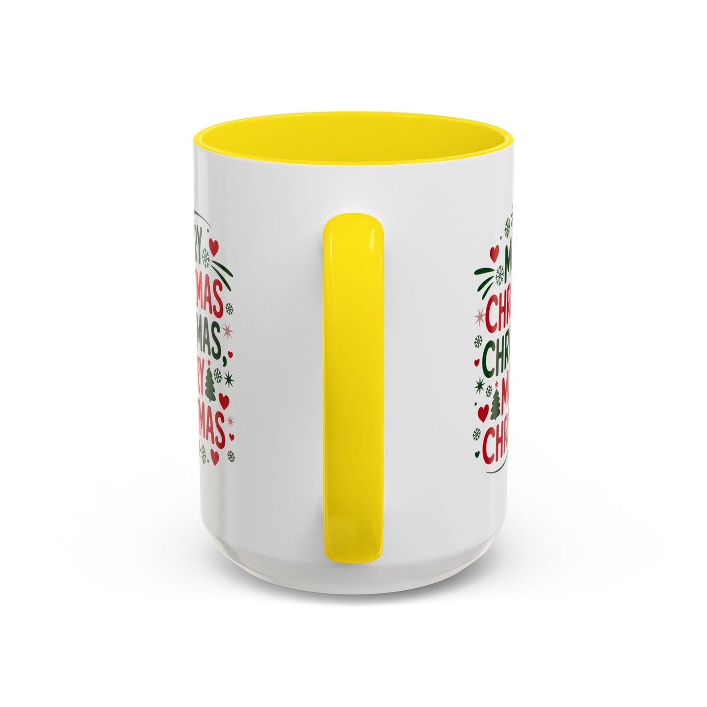 Christmas Mug - Merry Christmas Green & Red Text Trees Hearts Snowflakes Stars