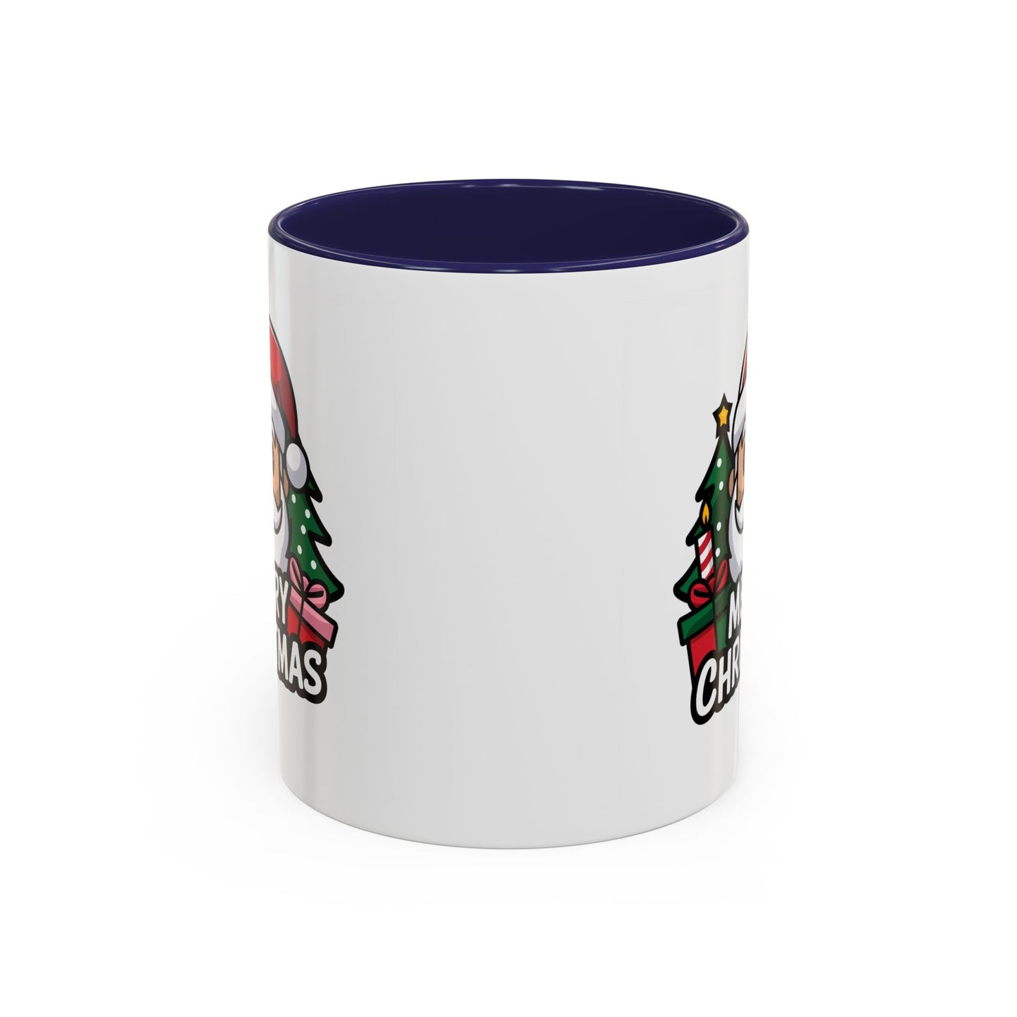 Christmas Mug - Merry Christmas White & Black Text Santa Trees Presents