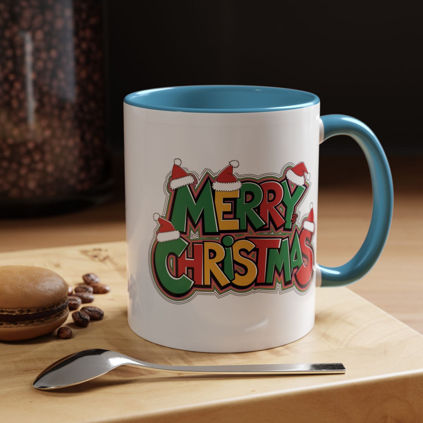 Christmas Mug - Merry Christmas Green Yellow & Red Text Hats