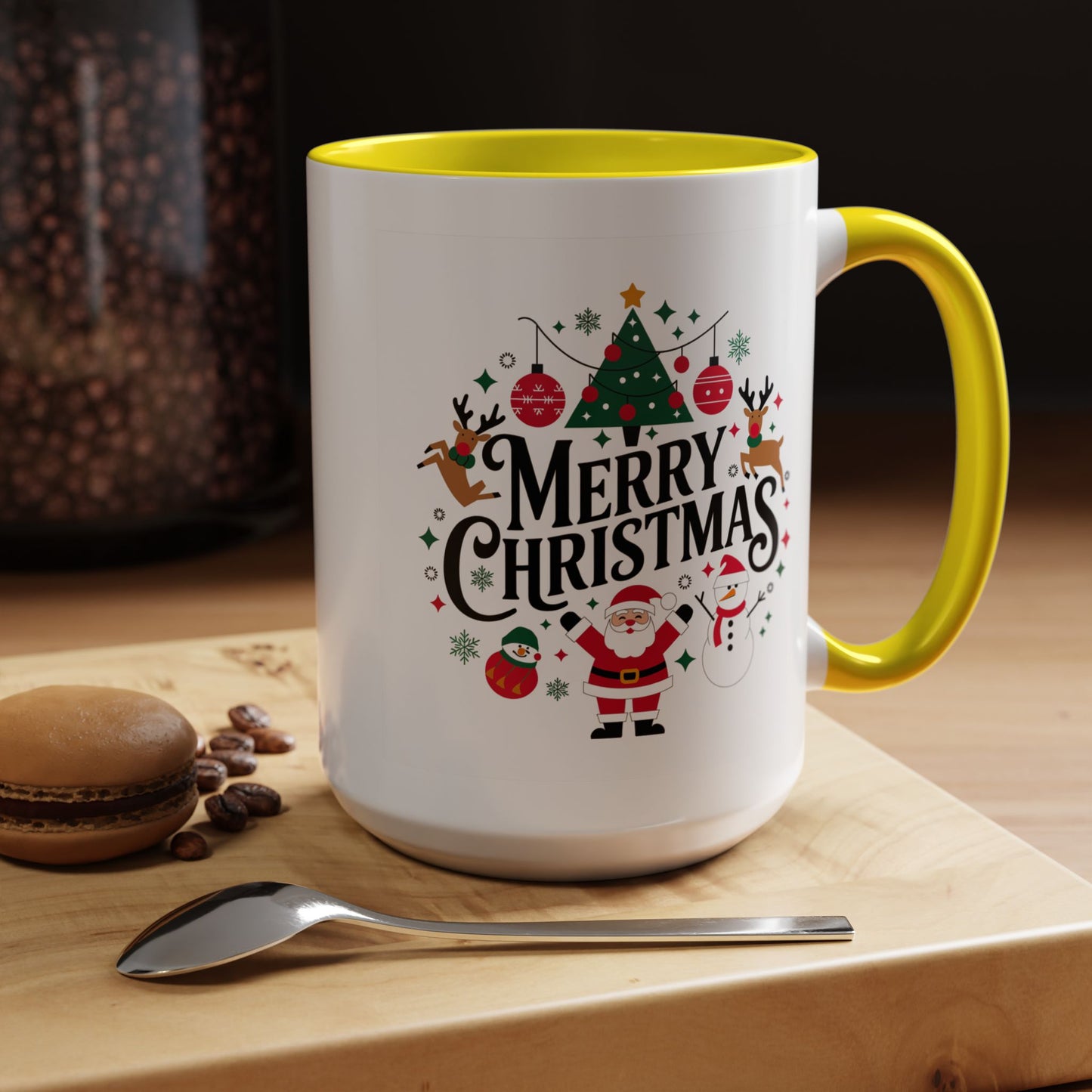 Christmas Mug - Merry Christmas Black Text Santa Reindeer Snowmen Ornaments