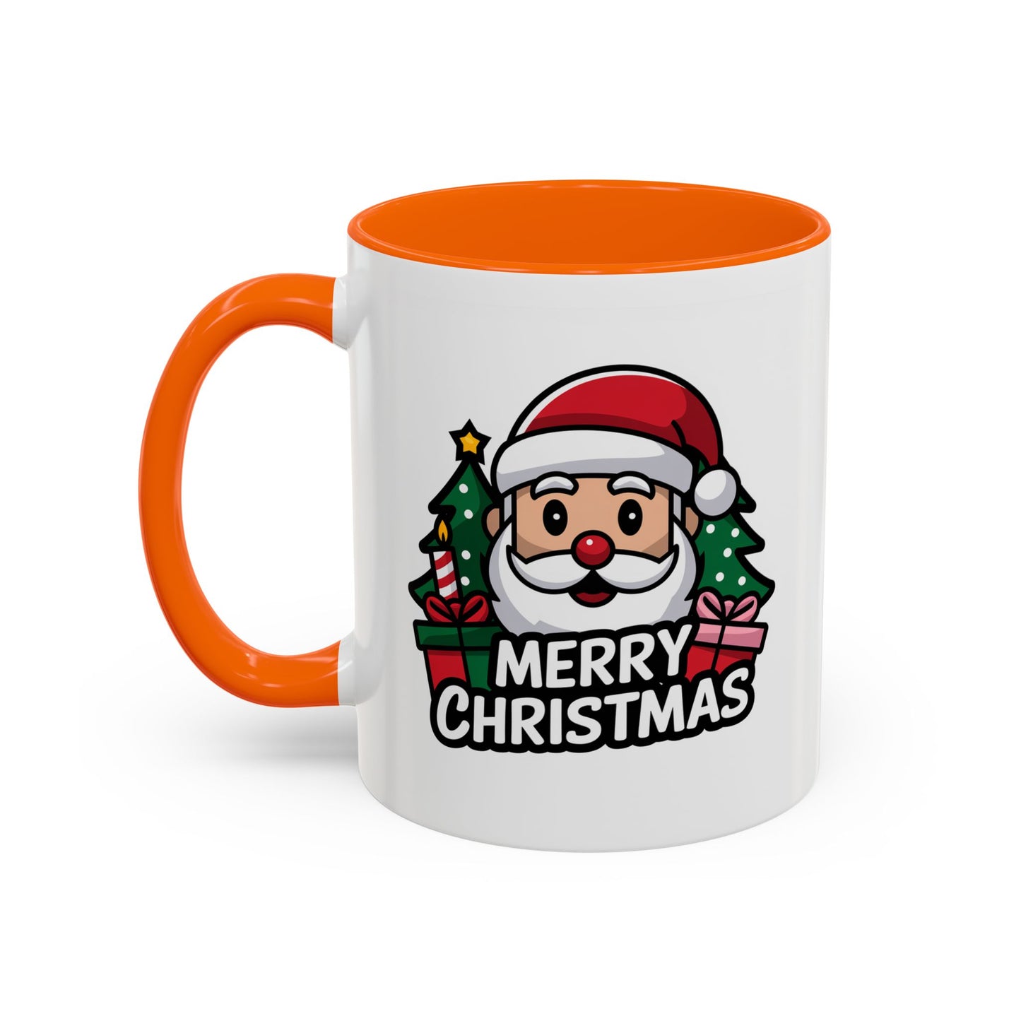 Christmas Mug - Merry Christmas White & Black Text Santa Trees Presents