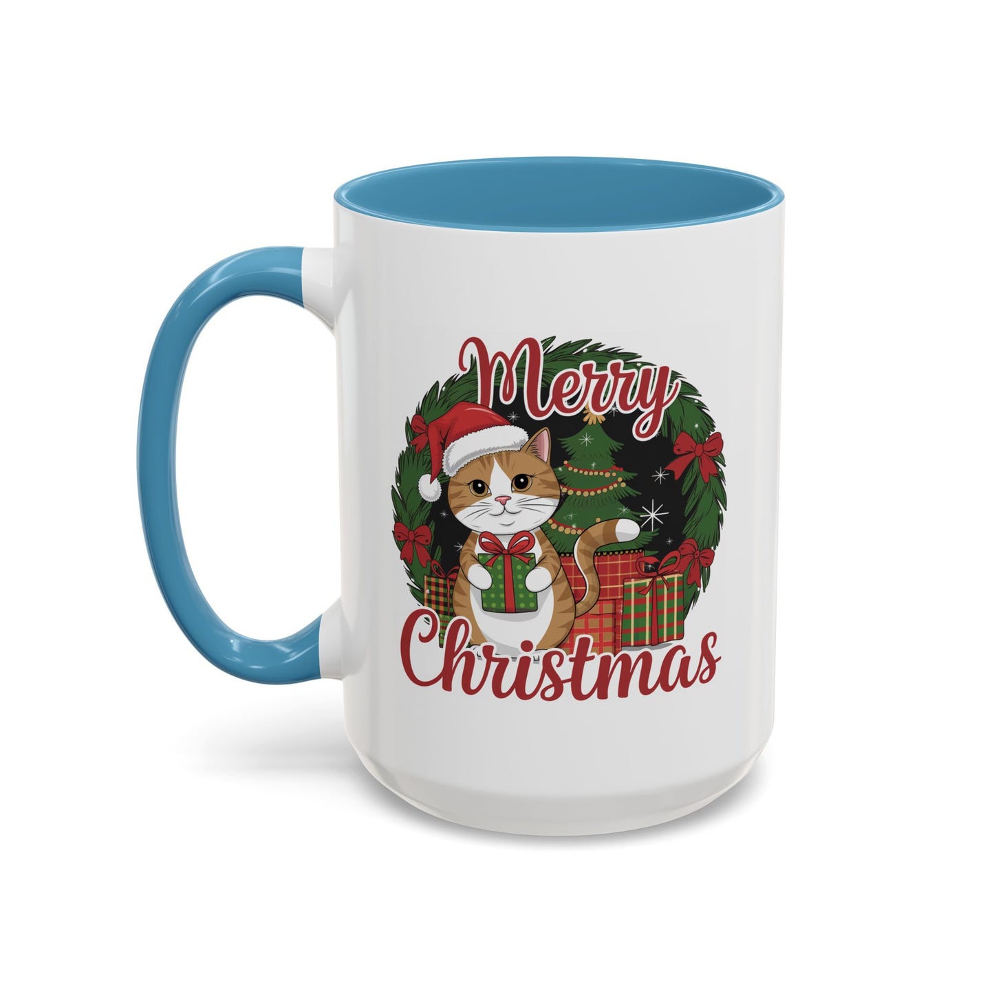 Christmas Mug - Merry Christmas Red Text Cat Presents Wreath