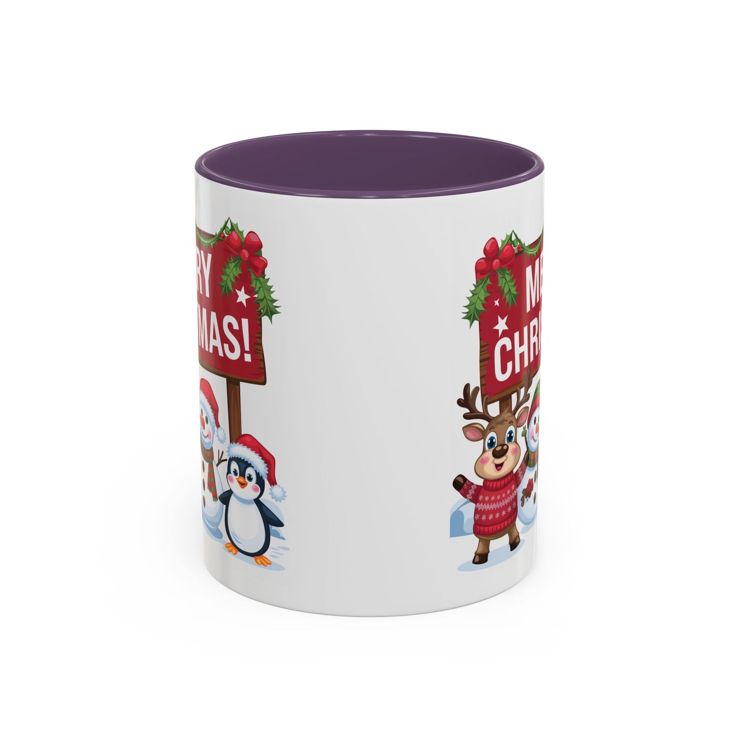 Christmas Mug - Merry Christmas White Text Reindeer Snowmen Penguin