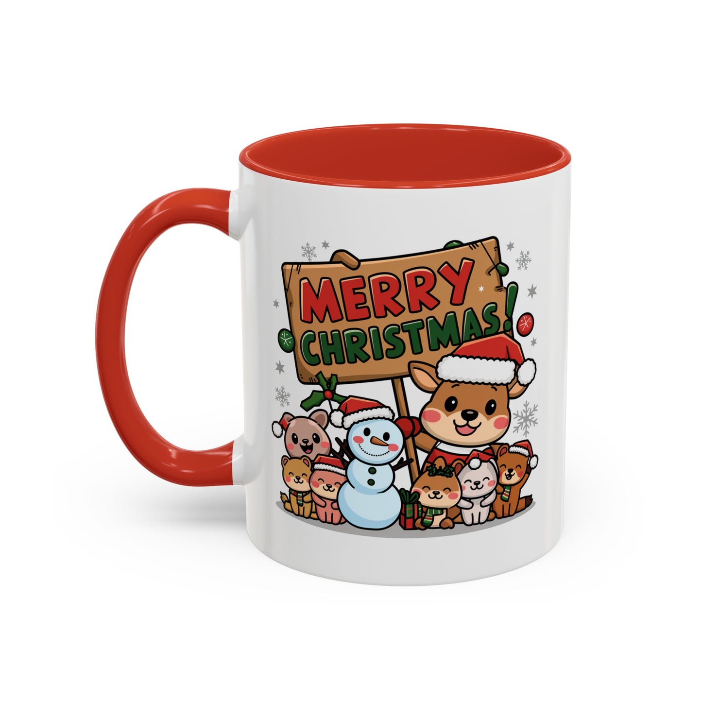 Christmas Mug - Merry Christmas Red & Green Text Reindeer Snowman