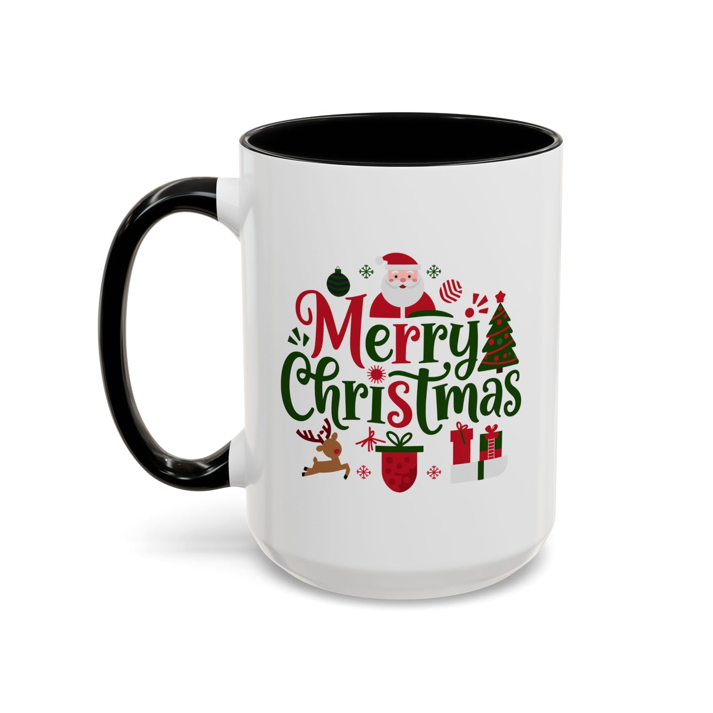 Christmas Mug - Merry Christmas Red & Green Text Santa Reindeer Tree Sleigh Ornaments