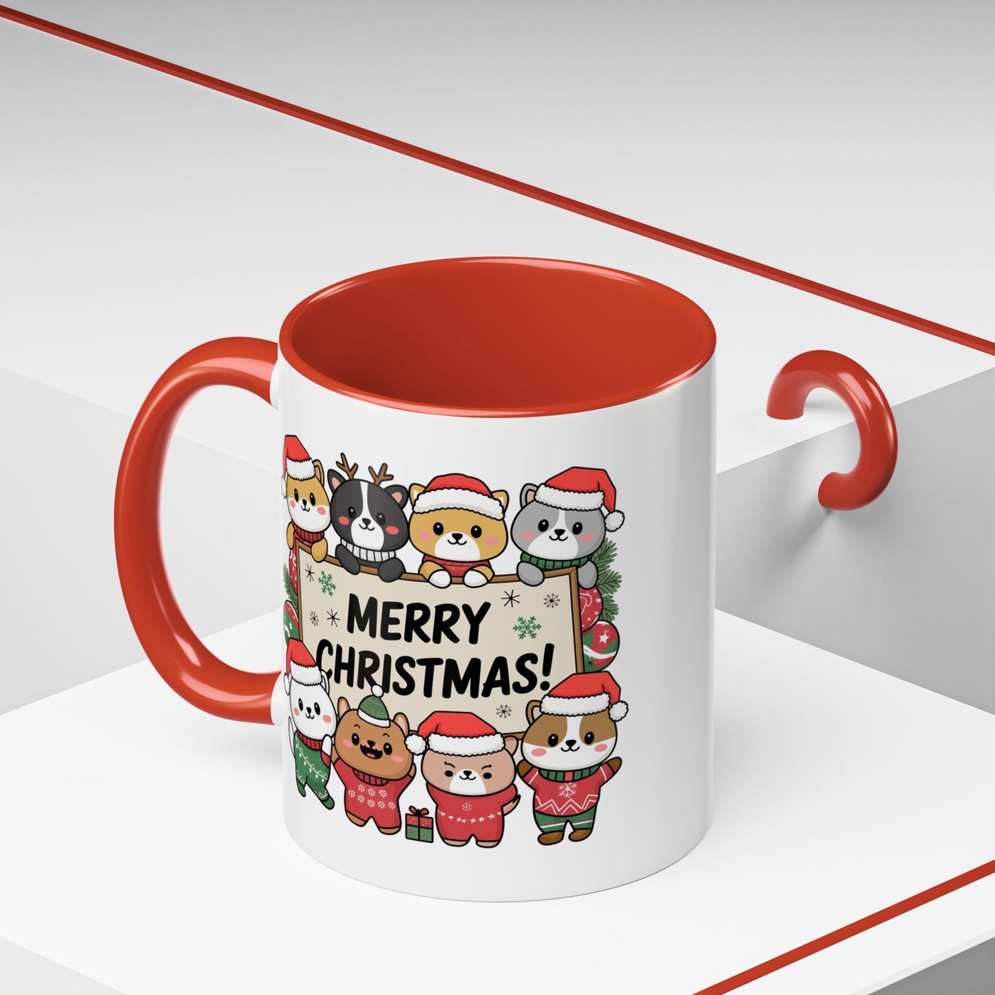 Christmas Mug - Merry Christmas Black Text Cute Animals