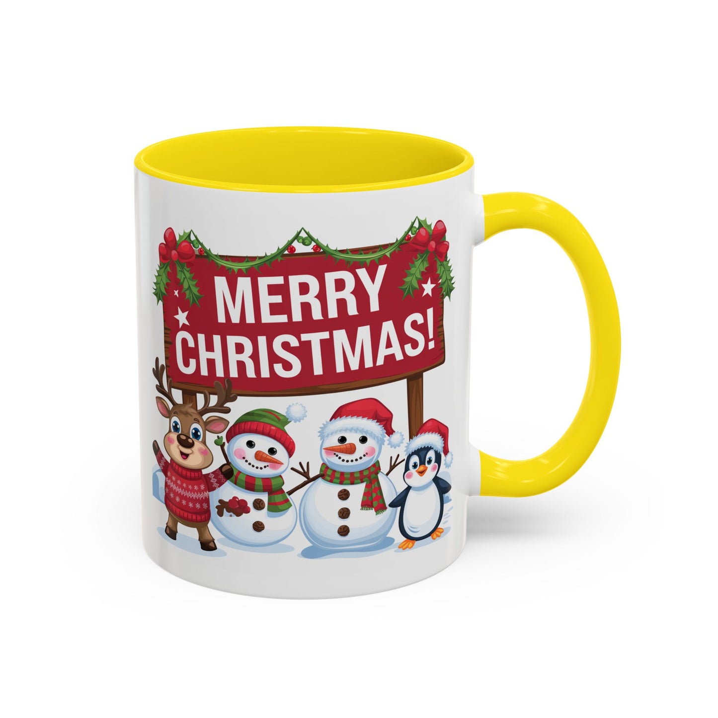Christmas Mug - Merry Christmas White Text Reindeer Snowmen Penguin