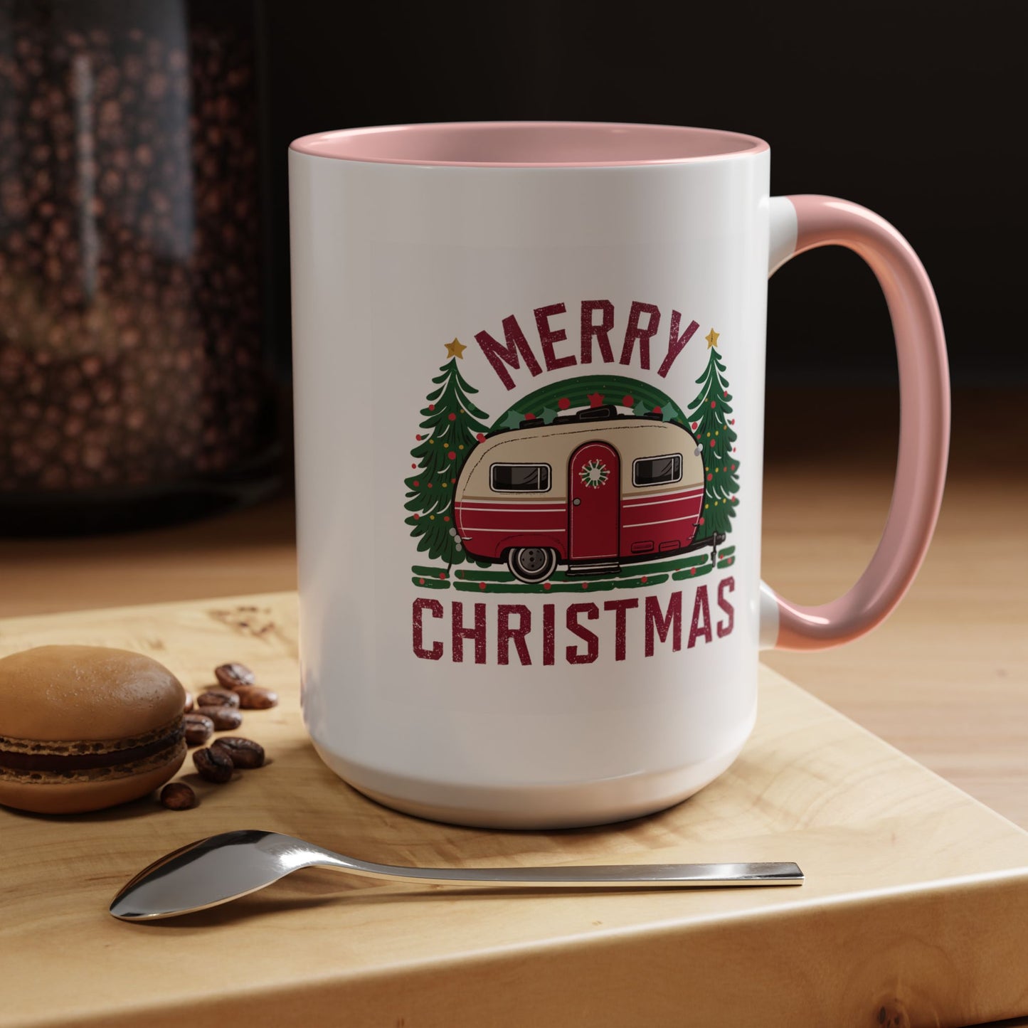 Christmas Mug - Merry Christmas Maroon Text Camper Trees