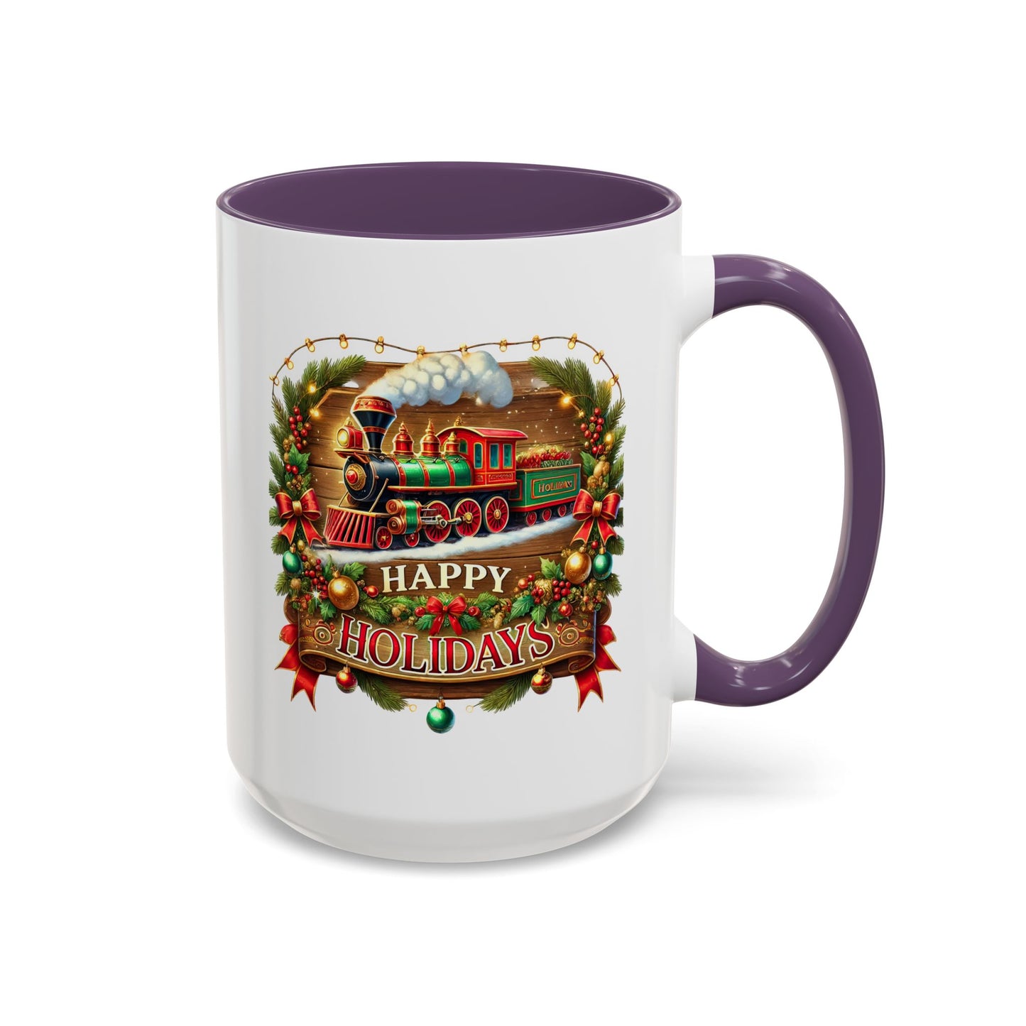 Christmas Mug - Happy Holidays White & Red Text Steam Locomotive