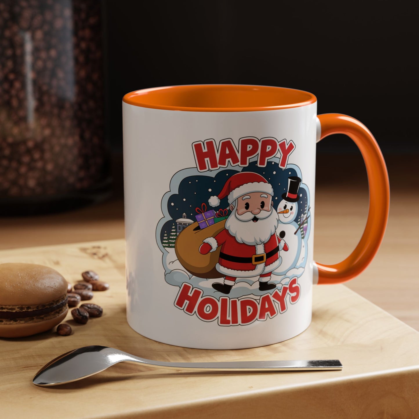 Christmas Mug - Happy Holidays Red & White Text Santa Snowman