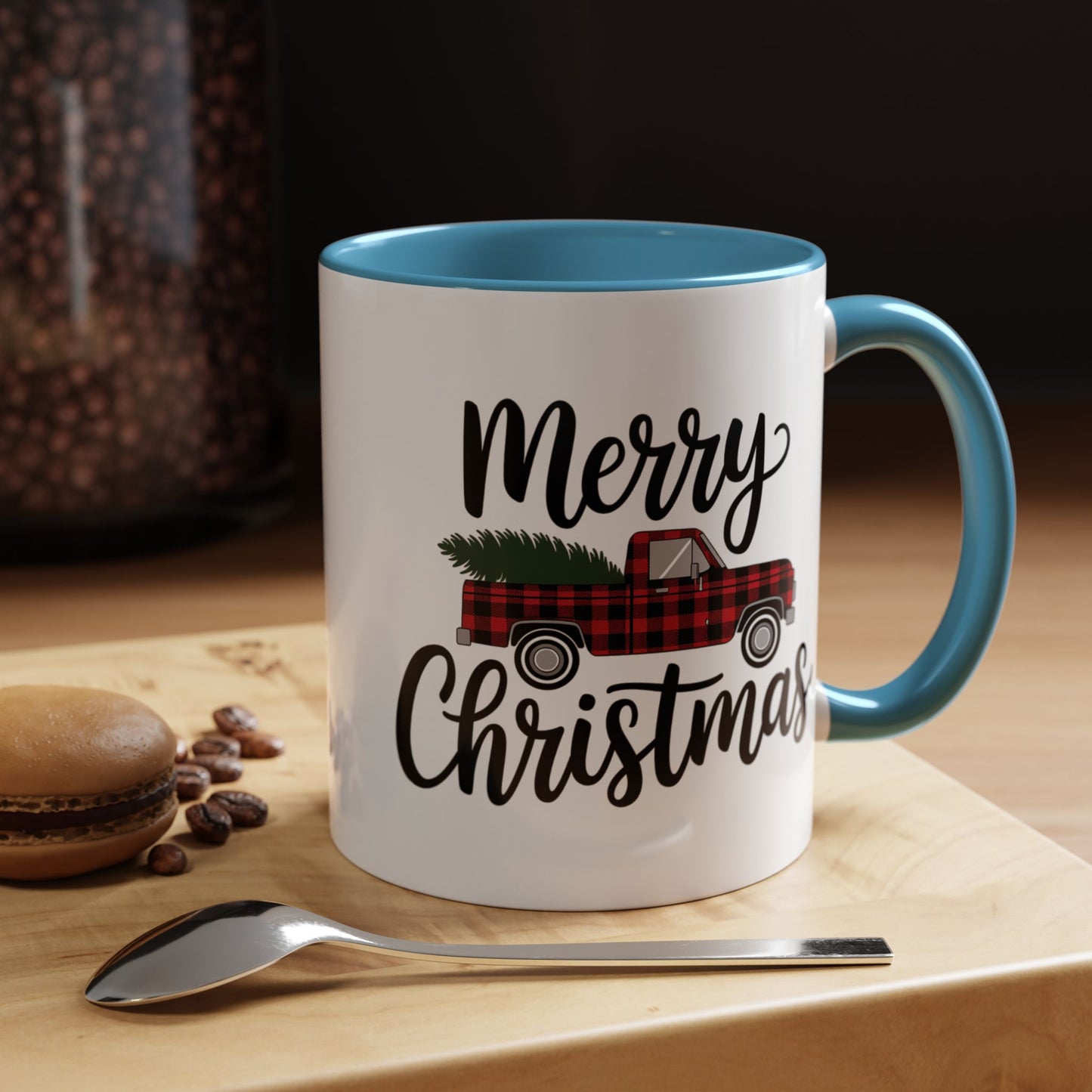 Christmas Mug - Merry Christmas Black Text Tartan Truck