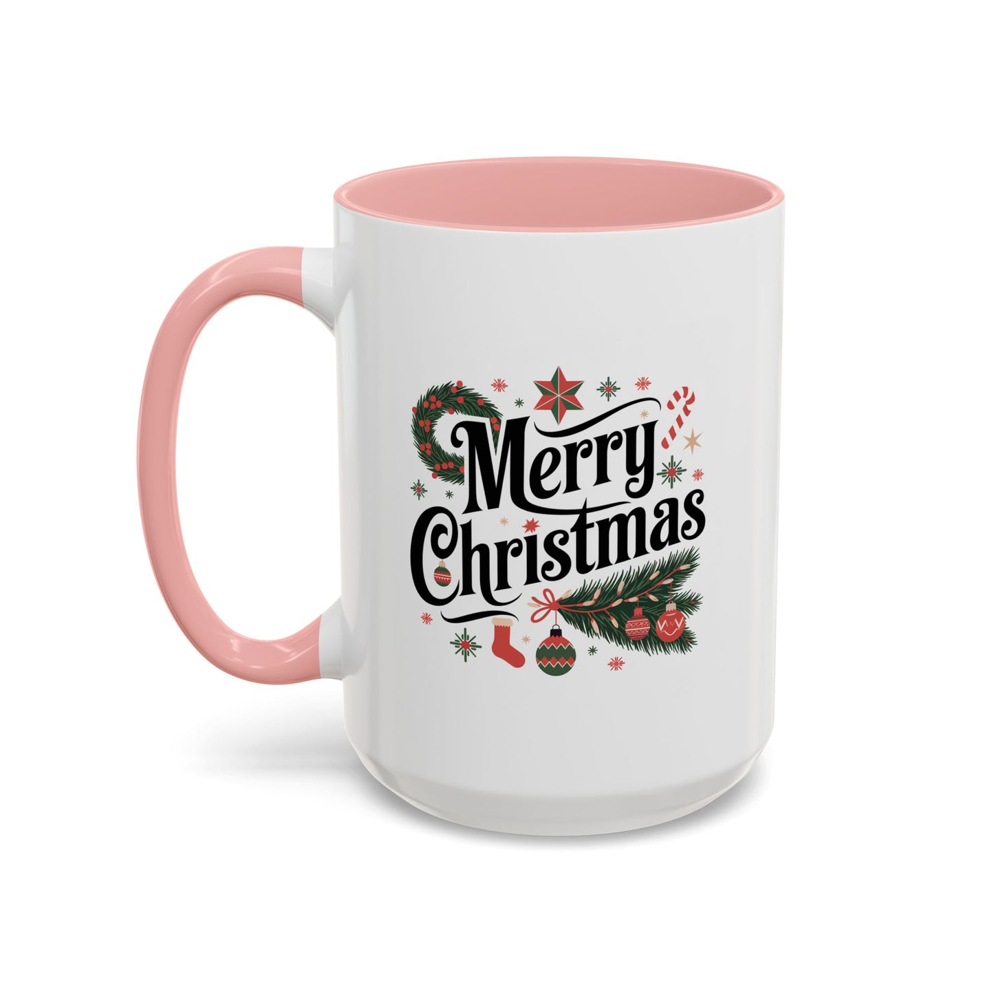 Christmas Mug - Merry Christmas Black Text Star Stocking Ornament Candy Cane